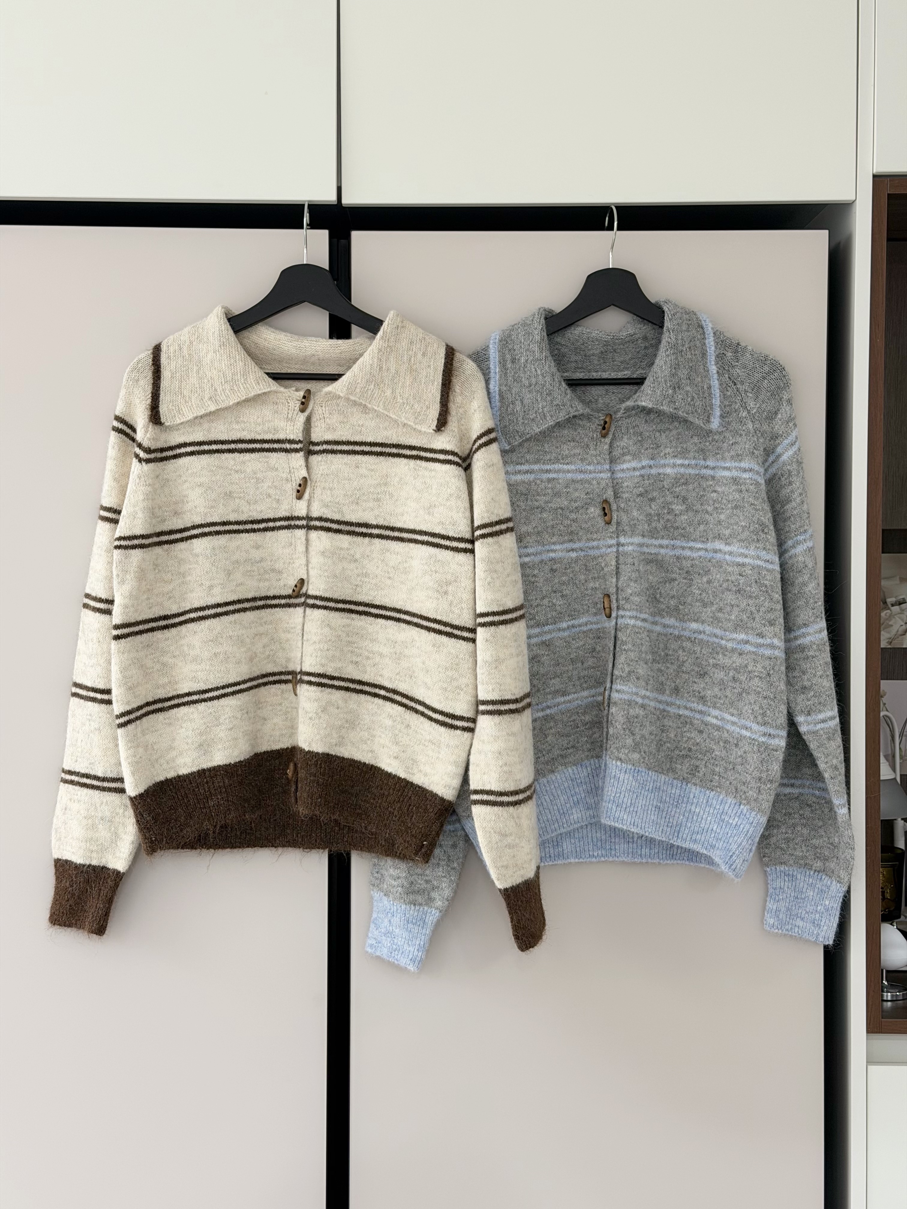 KR424 橫間牛角鈕扣反領冷衫-2色