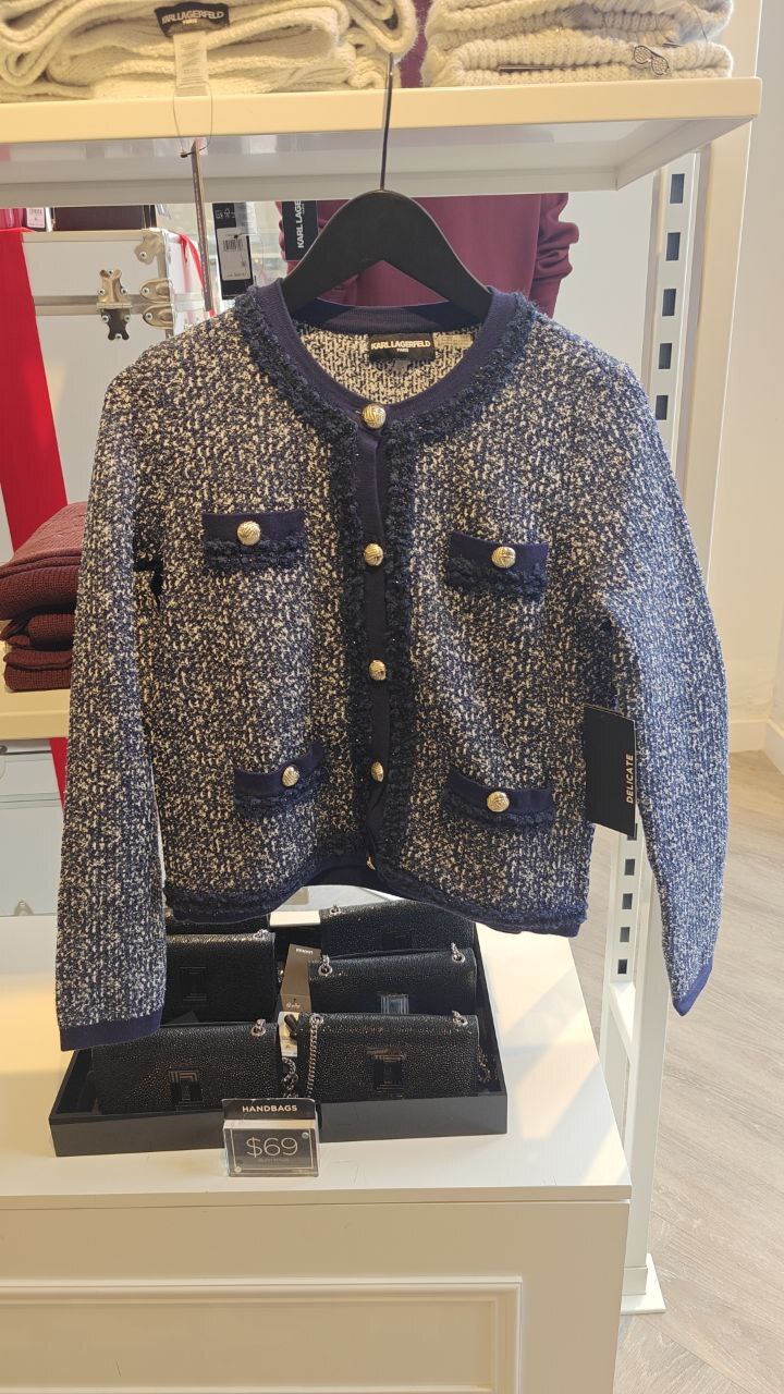 [U] KARL LAGERFELD BLUE/SOFT WHITE MULTI DENIM TWEED CARDIGAN, L5GSS704-N49 (UKL518)
