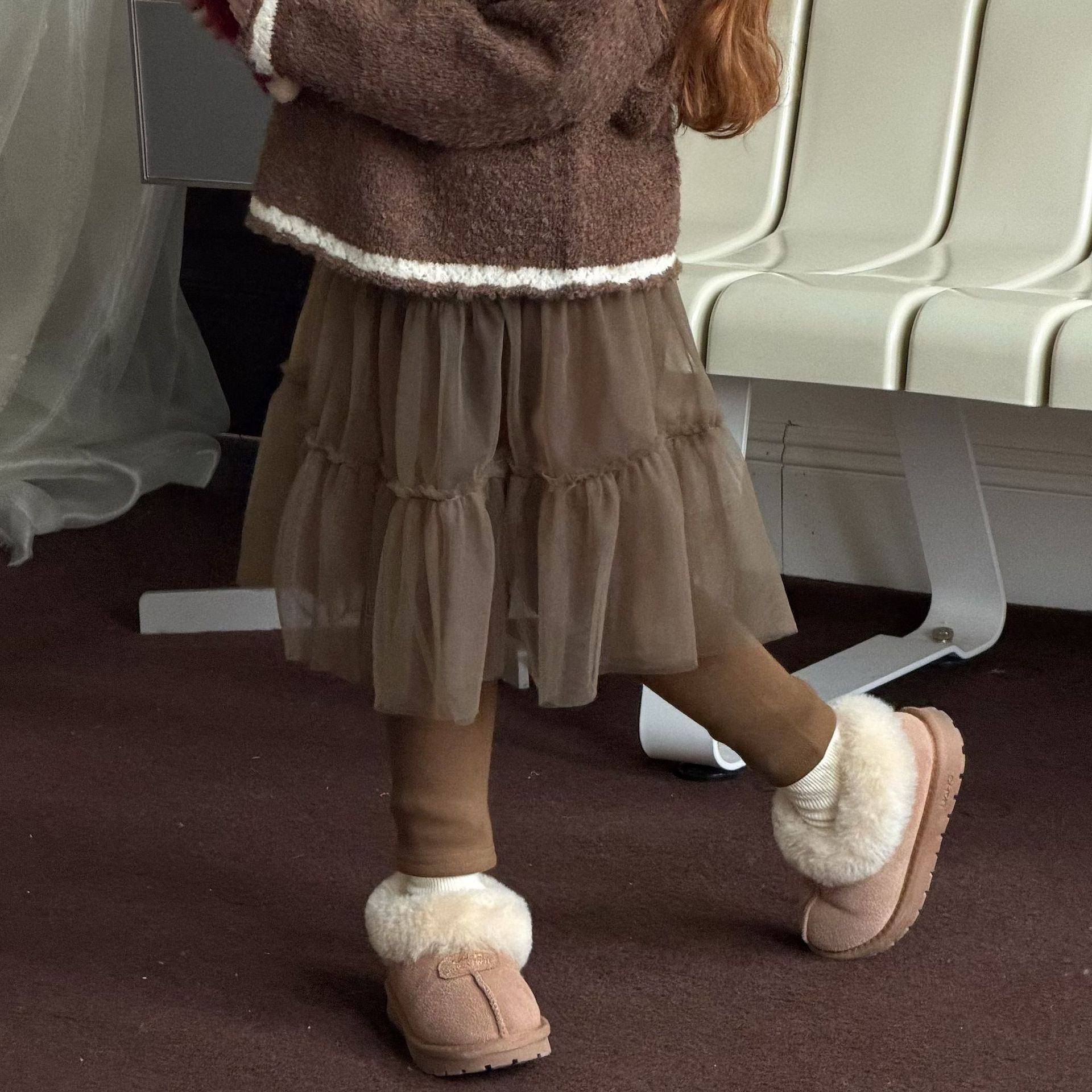 一體絨咖色假兩件紗裙