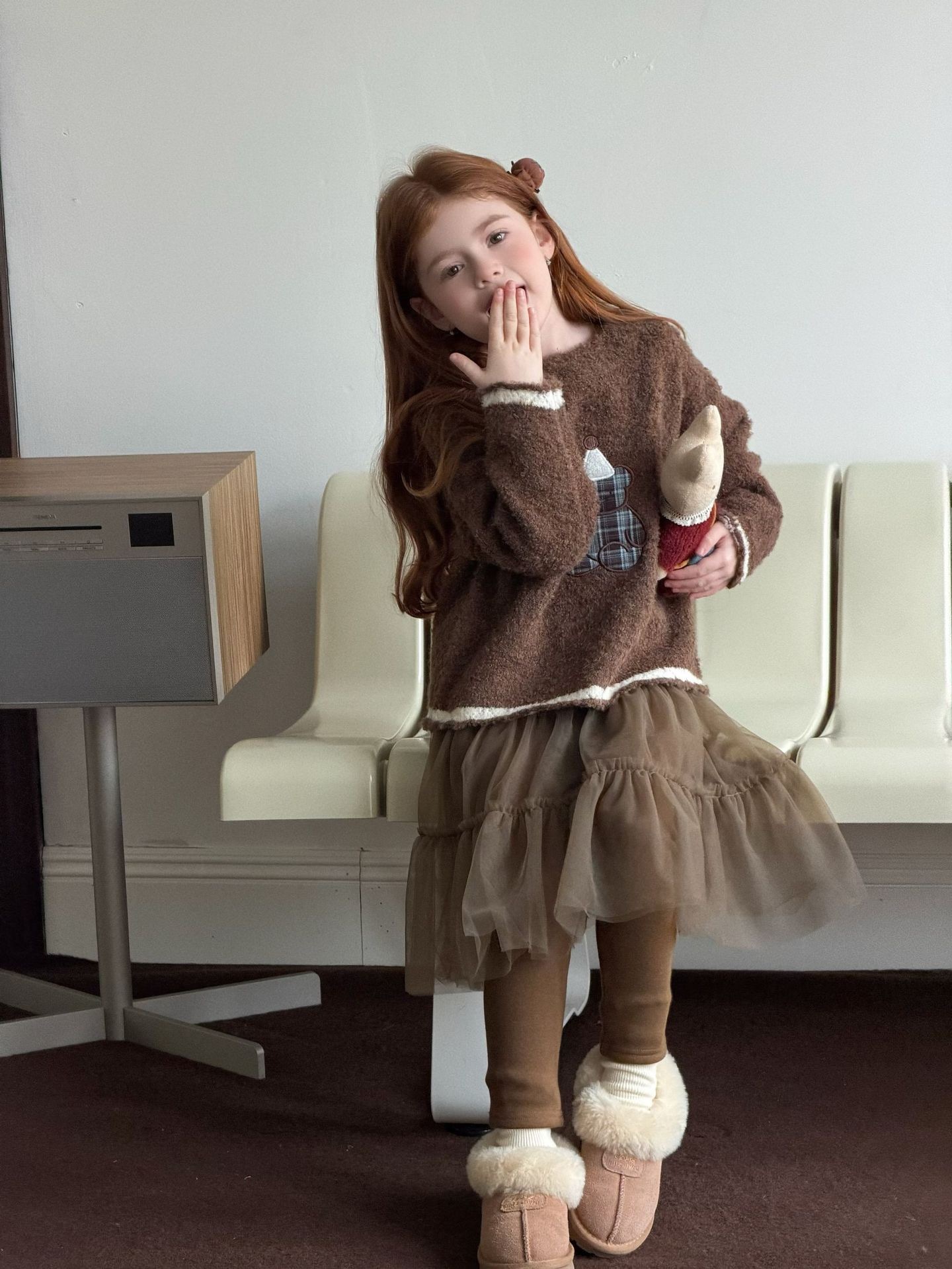 一體絨咖色假兩件紗裙