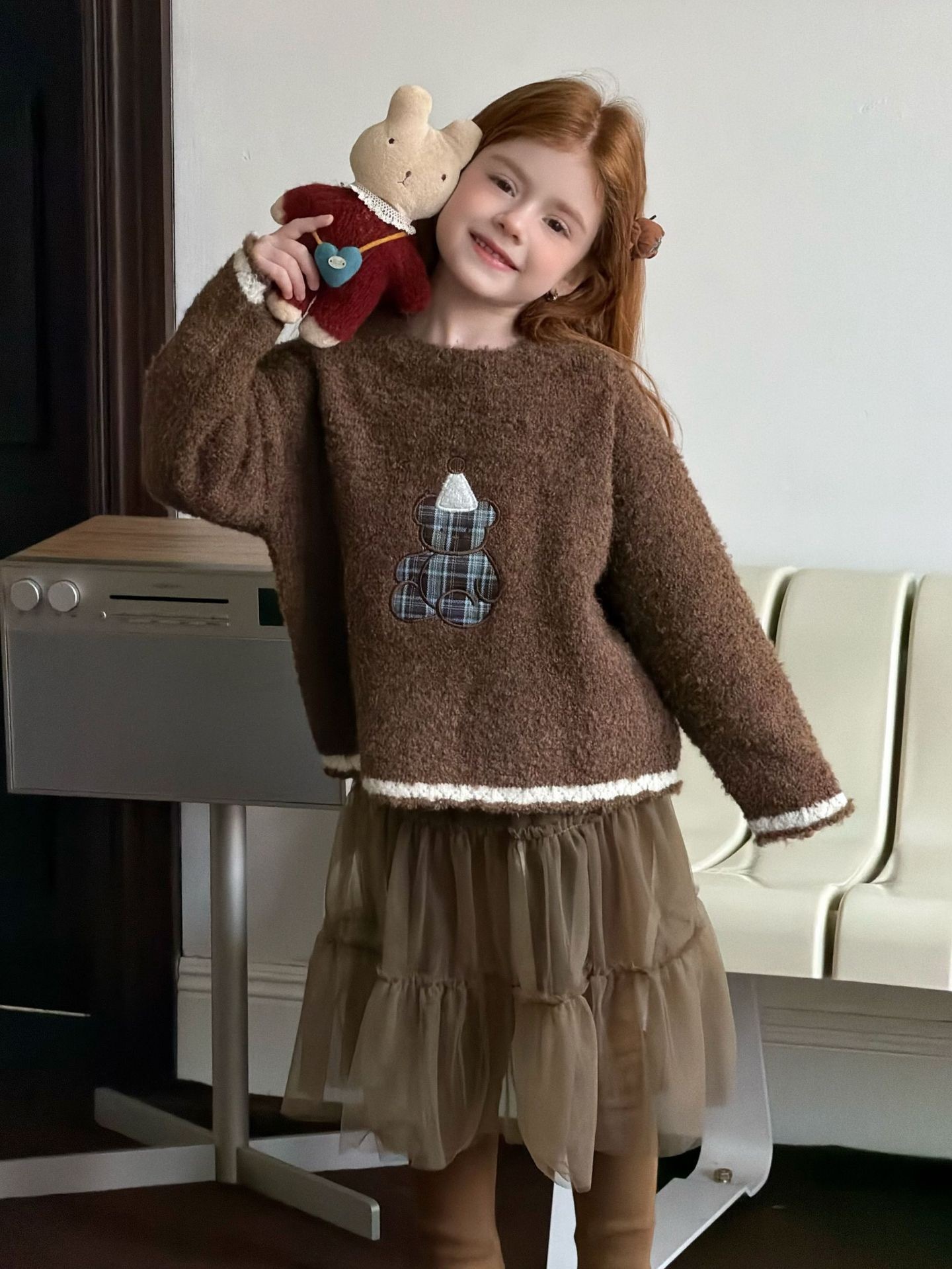 格子熊軟呼針織上衣