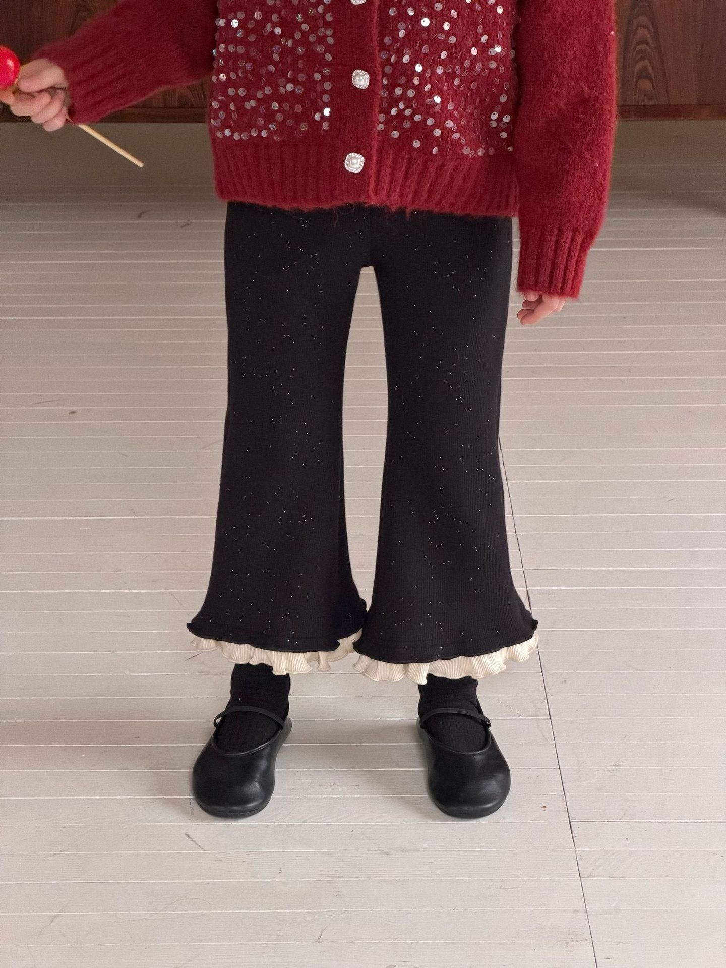 閃閃羊駝絨花邊喇叭褲