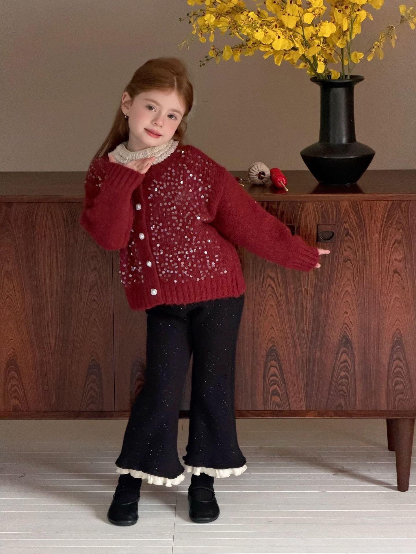 閃閃羊駝絨花邊喇叭褲