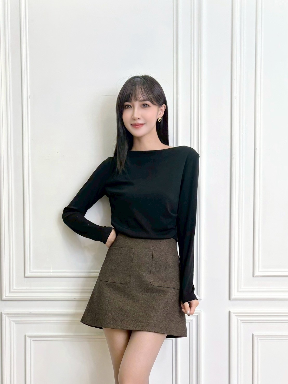 肩抓摺棉料長袖上衣