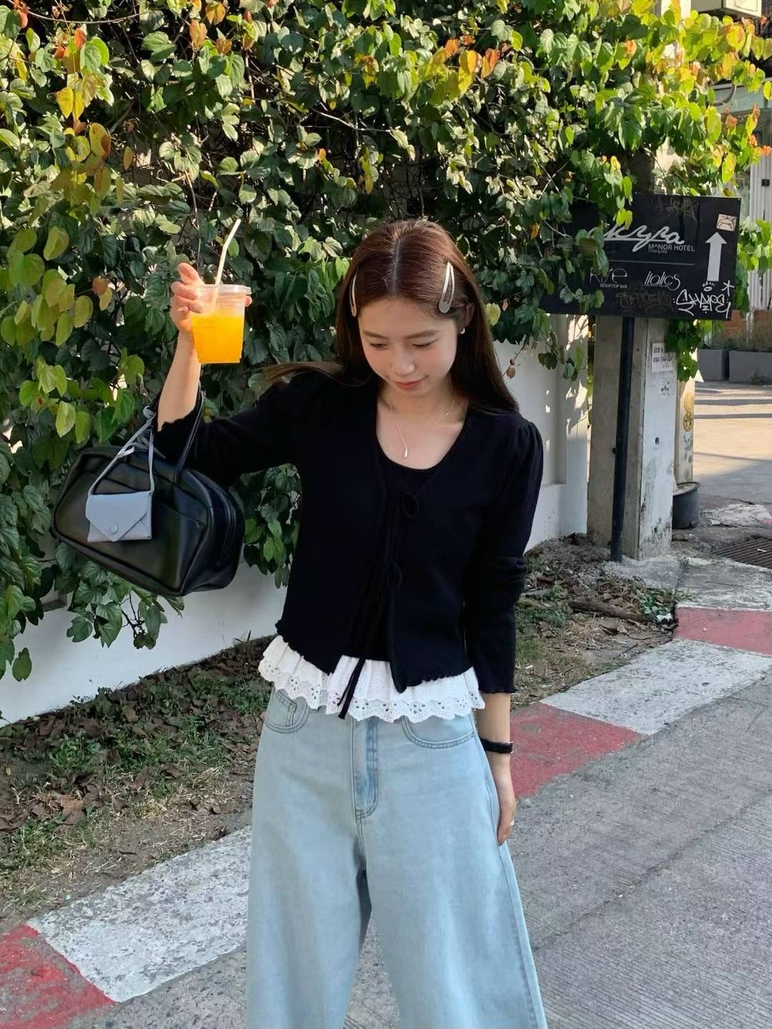 Ruffled lace wool cardigan set