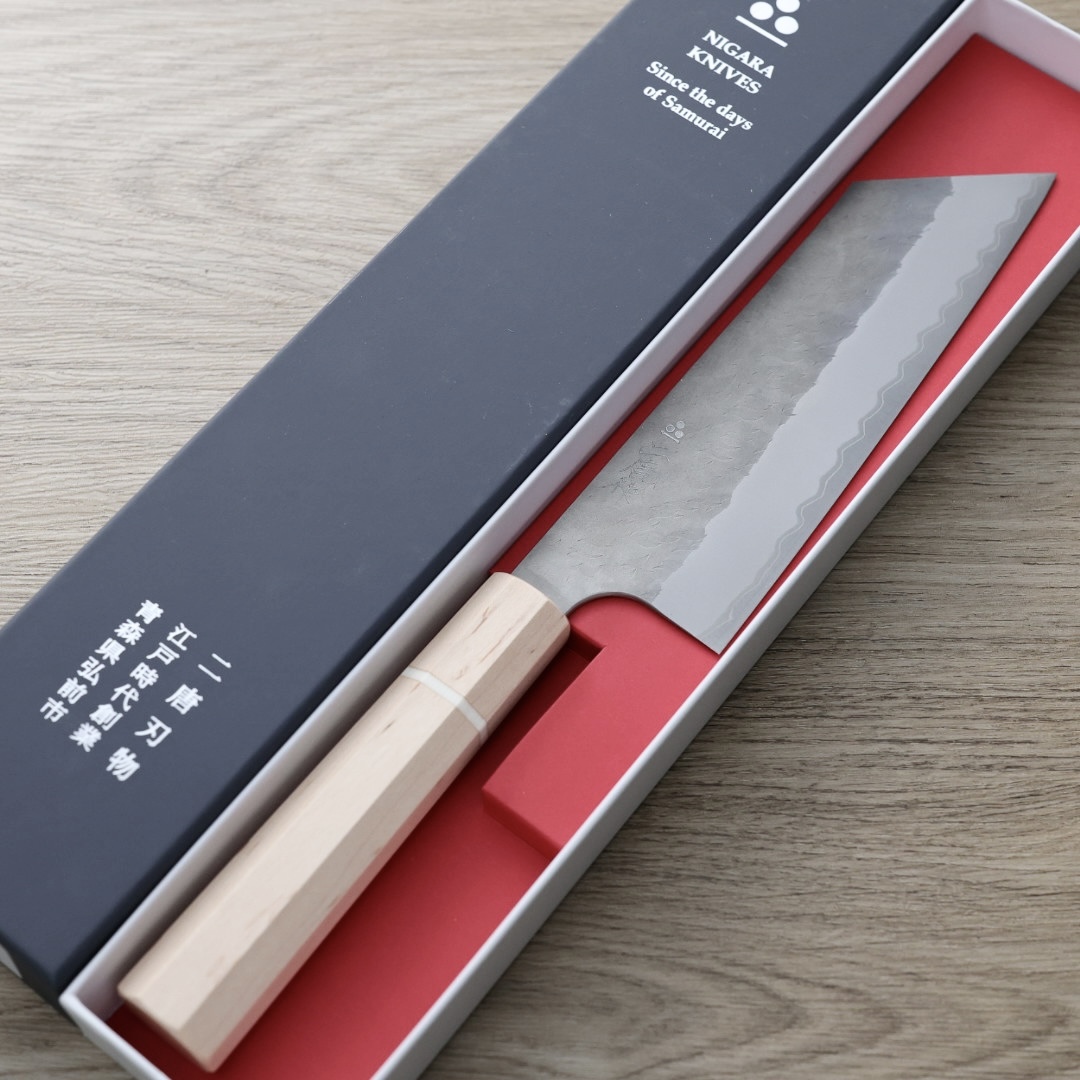 二唐刃物 菜切 180mm 青紙超級鋼 柳葉鎚目