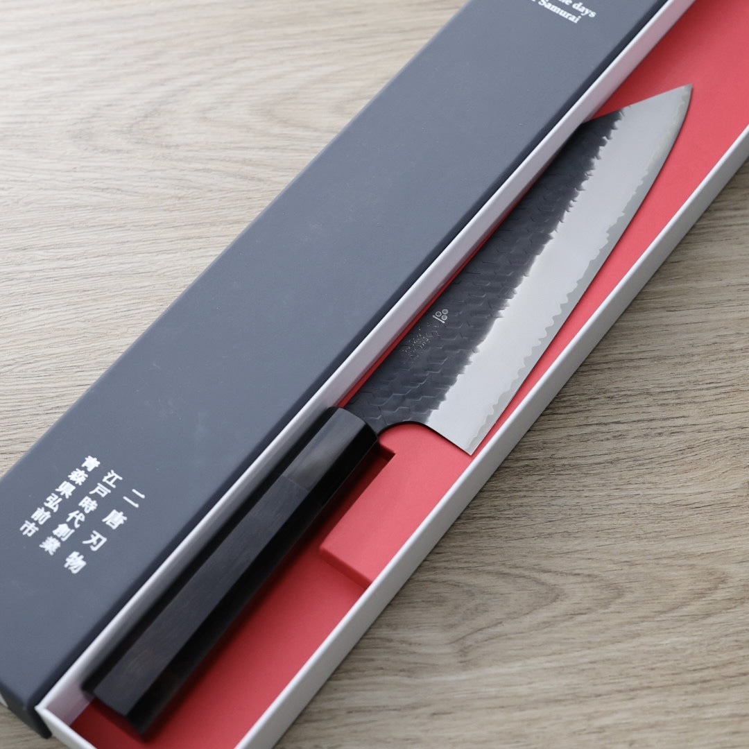 二唐刃物 切付牛刀 210mm SG2粉末HSS鋼 黑打鎚目