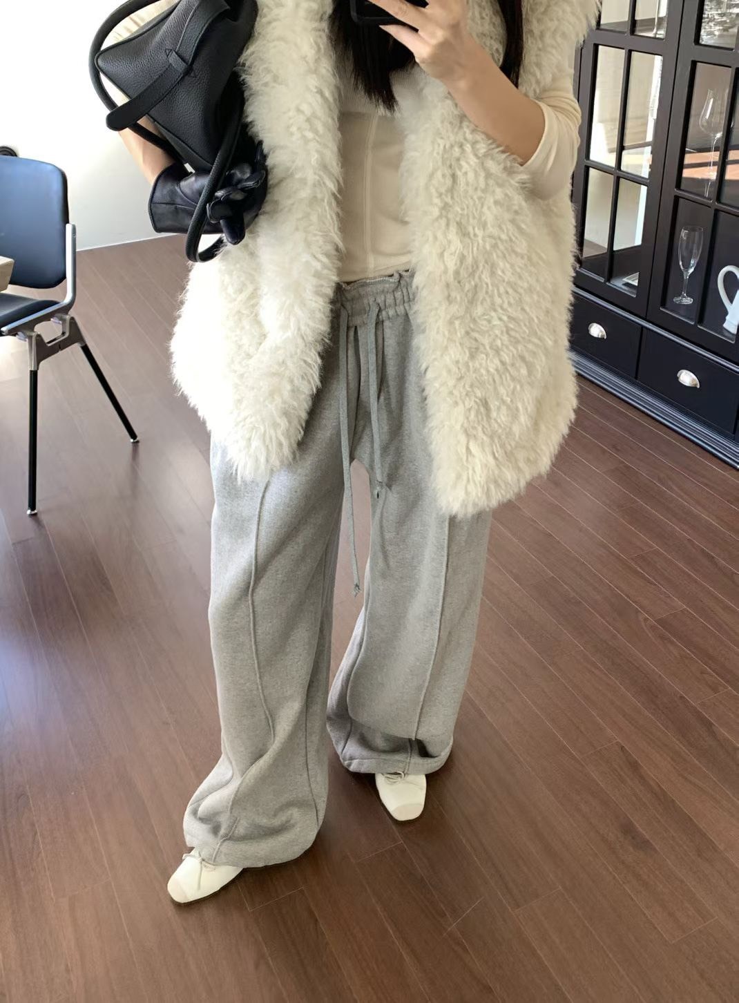 鬆緊綁帶前車線內刷毛休閒長褲