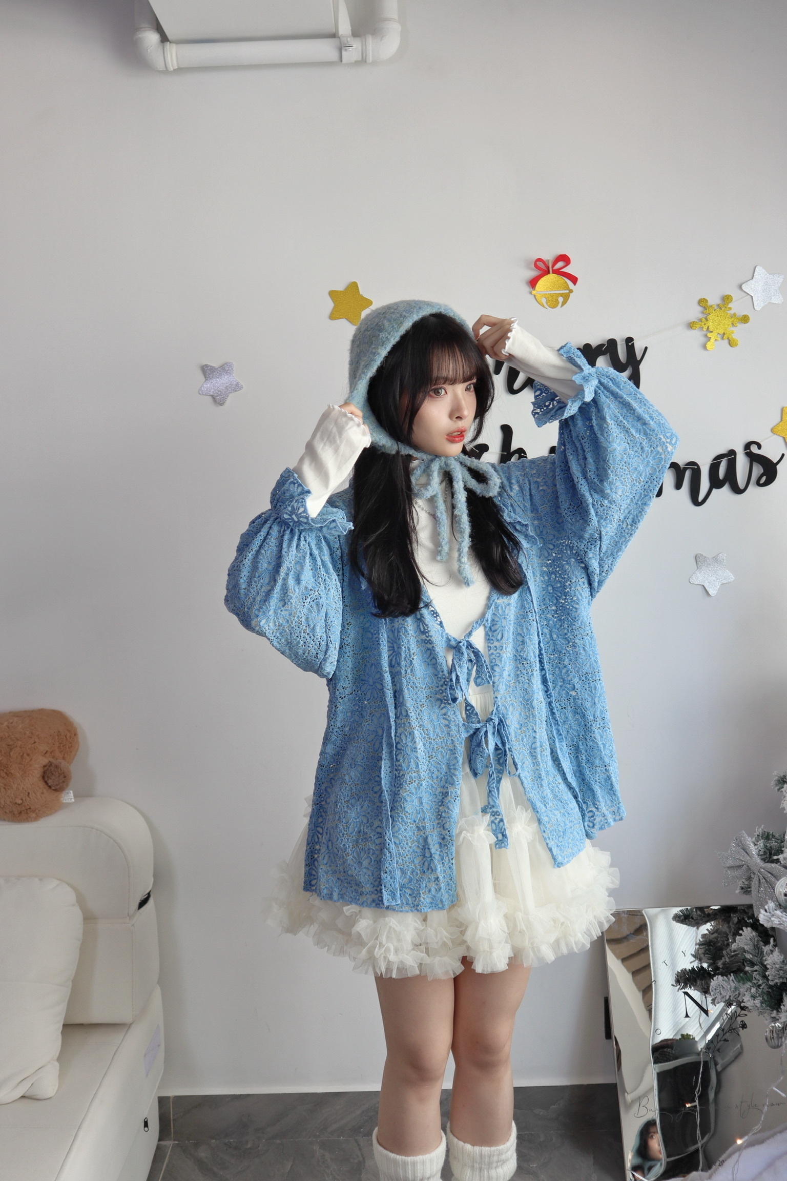 新色！日系感絨面花花ruffle外套 藍色