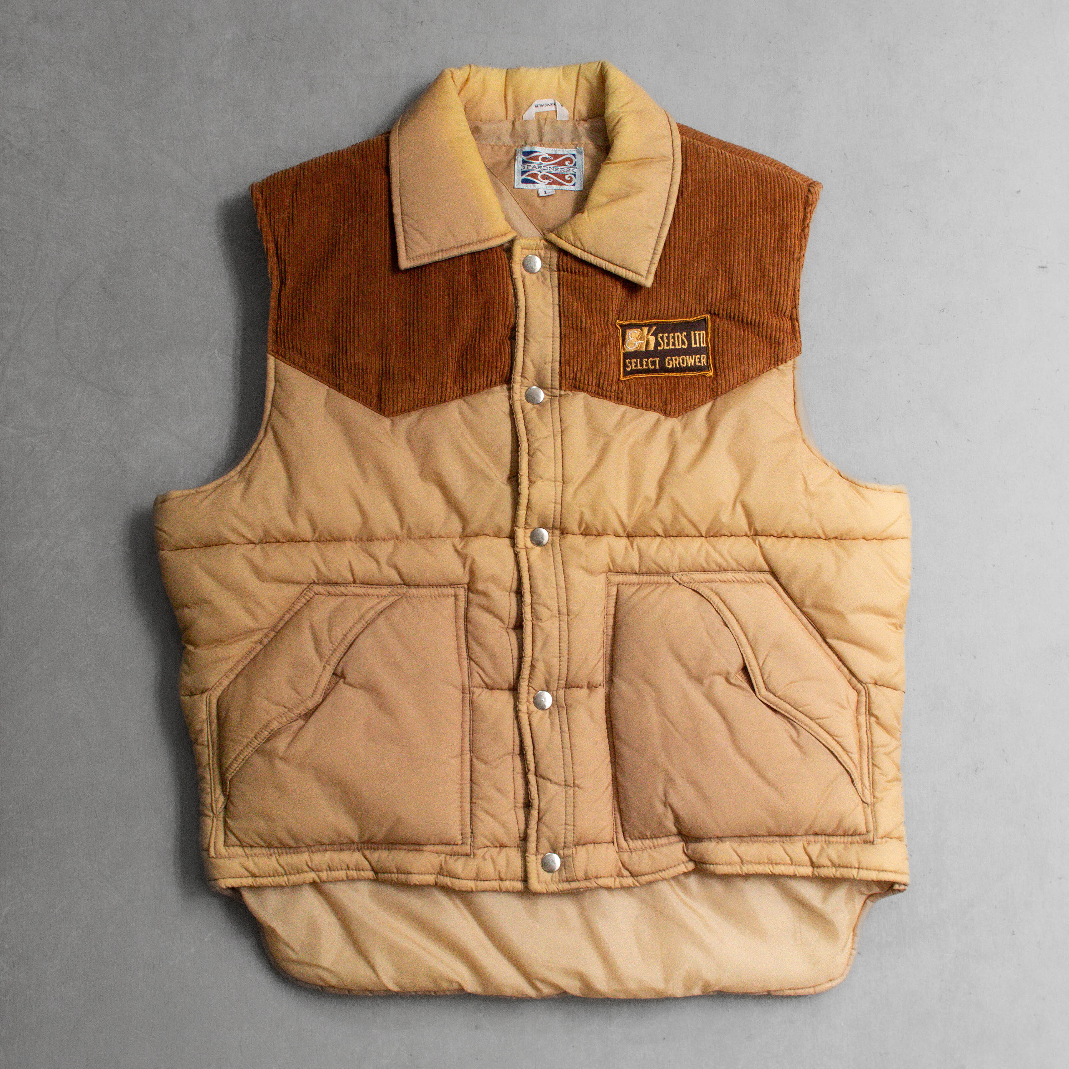 VINTAGE PUFFER VEST 美國 卡其色 燈芯絨 絎縫 拼接 鋪棉 背心