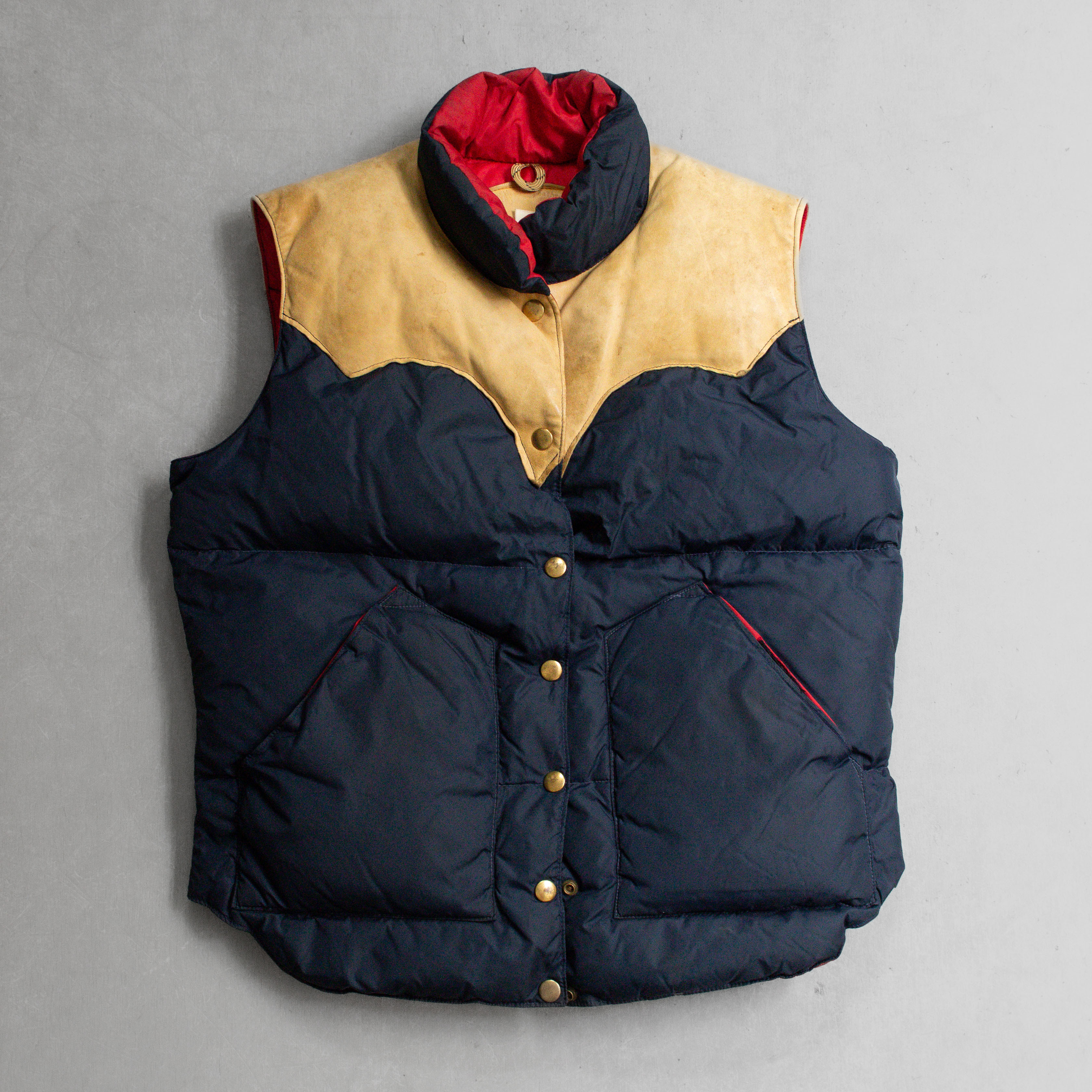 70S ROCKY MOUNTAIN DOWN VEST 美國製 皮革 約克 藍色 登山 羽絨 背心