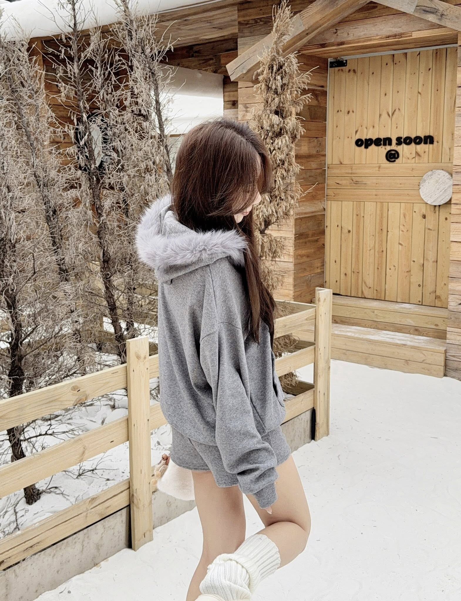 大毛帽寬鬆慵懶感外套短褲套裝🐧