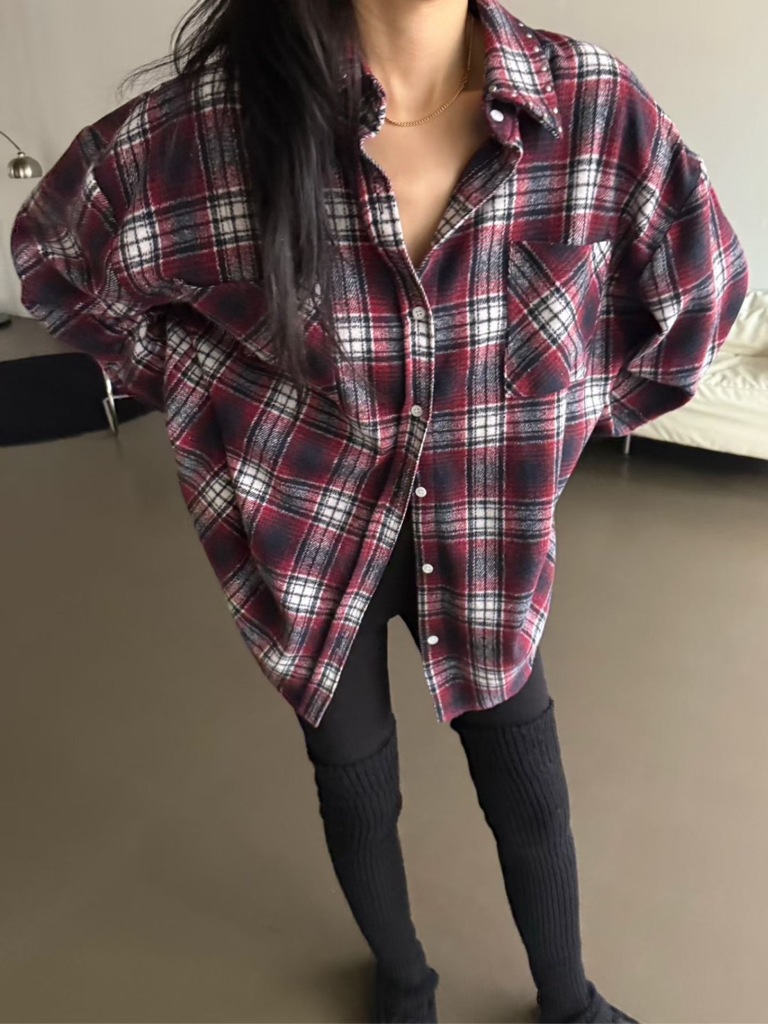 大方口袋格紋長襯衫