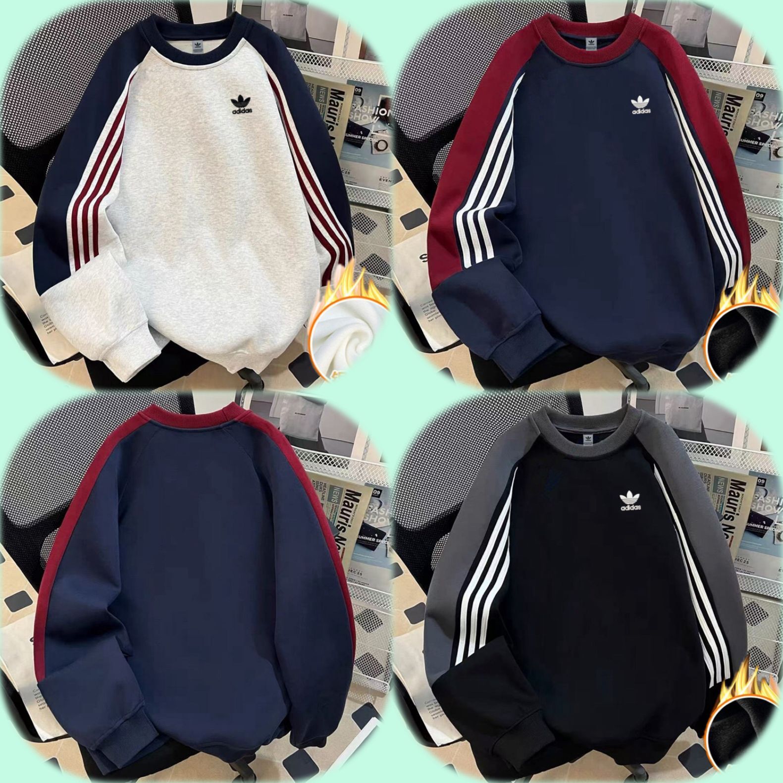 Adidas 復古拼色保暖銀狐絨棉衛衣