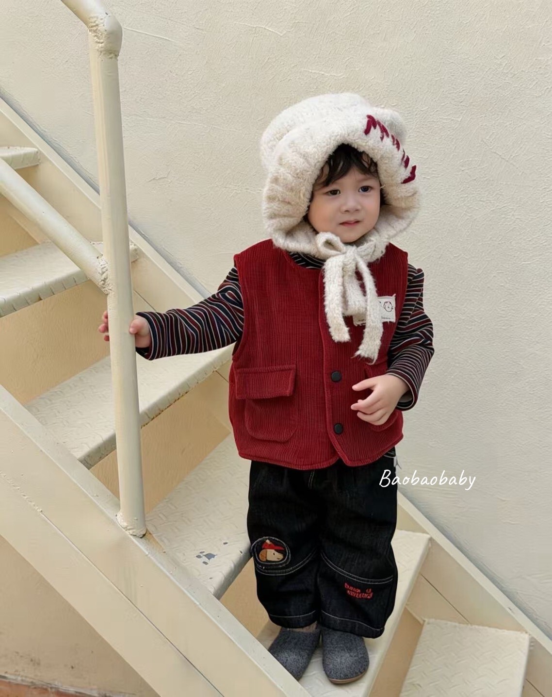 小狗刺繡加絨牛仔褲