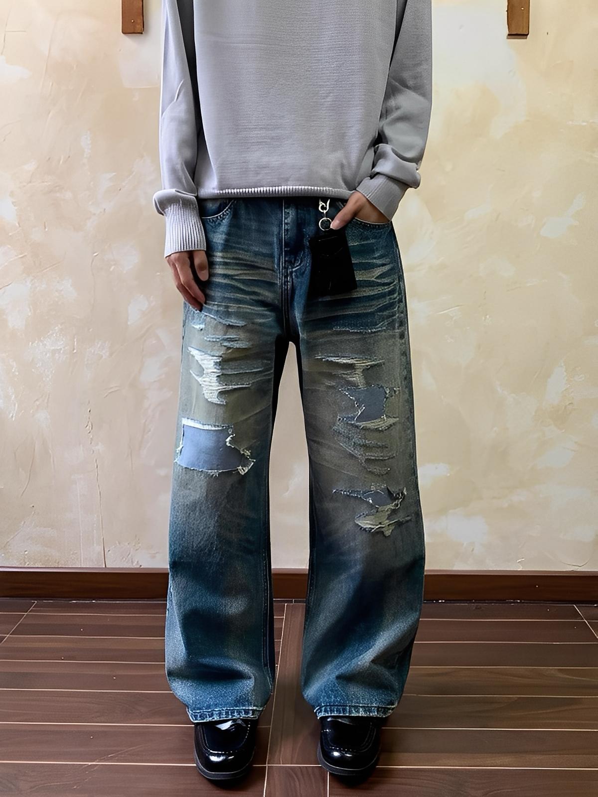 美式 高街 破壞 做舊 貓鬚 牛仔褲