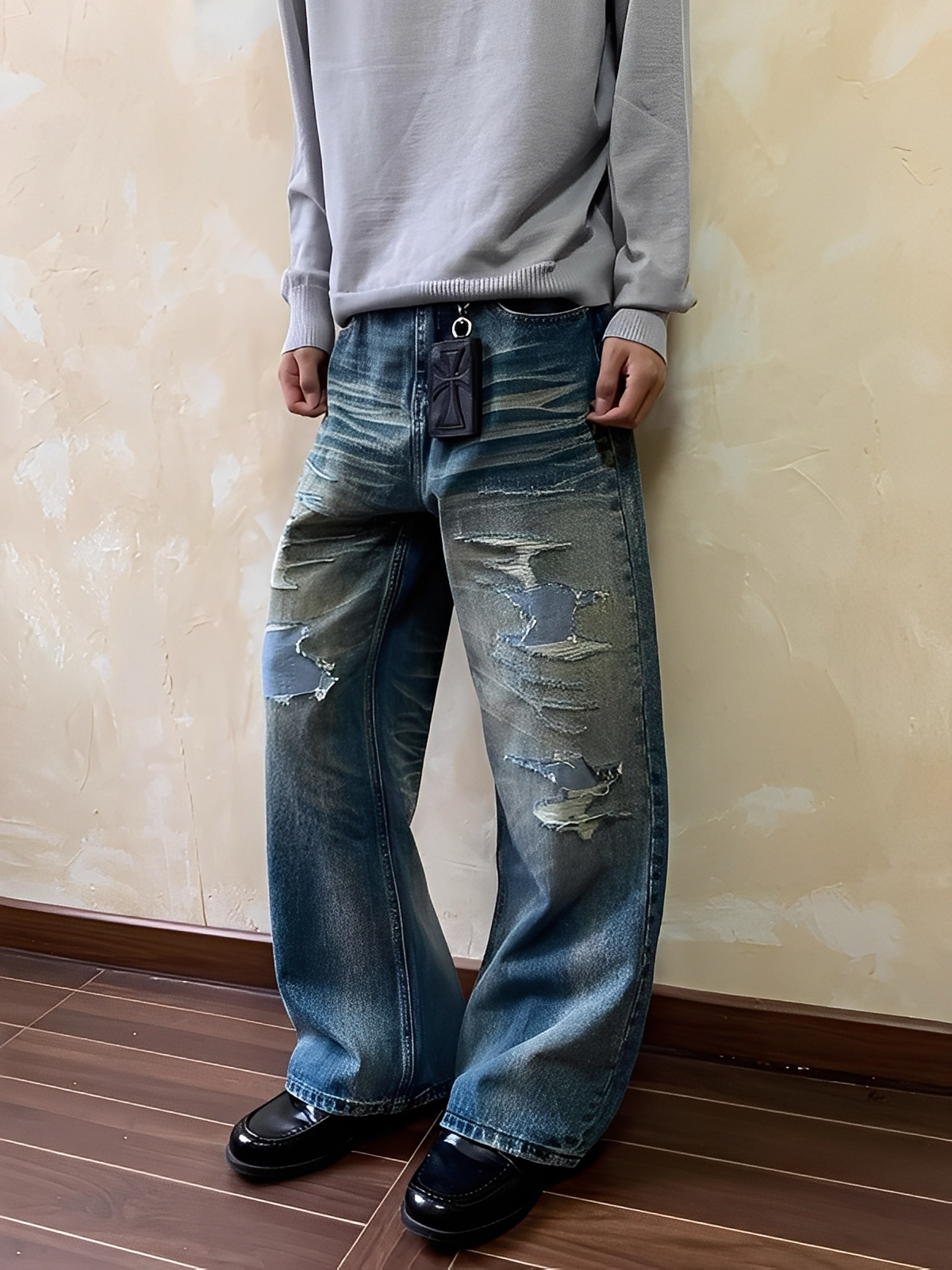 美式 高街 破壞 做舊 貓鬚 牛仔褲