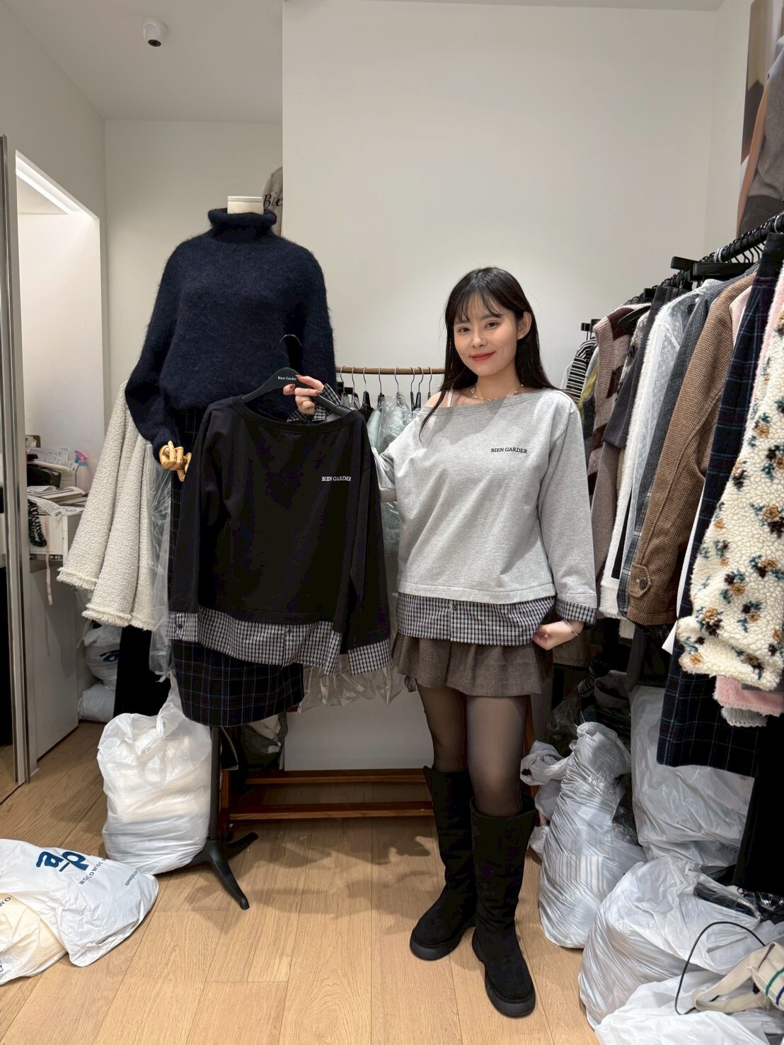 BG5348 一字領格仔襯衫拼接棉上衣