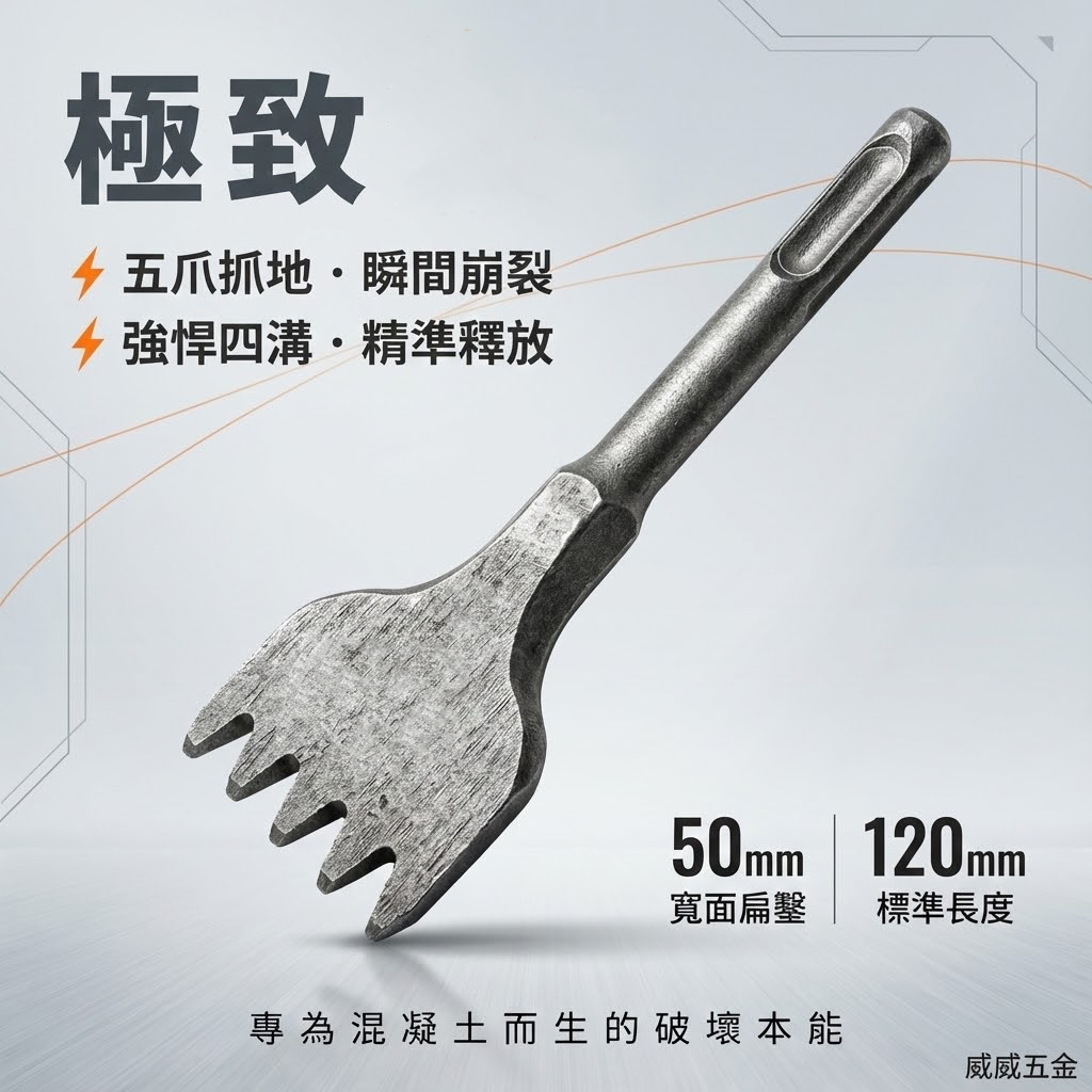 ETEAM 一等 免出力四溝鑿｜四溝五爪鑿 50mm扁平鑿 長120mm｜五爪打石鑿 五齒鑿尾 破碎機鎚尾 斬尾 5爪鑿｜SDS PLUS