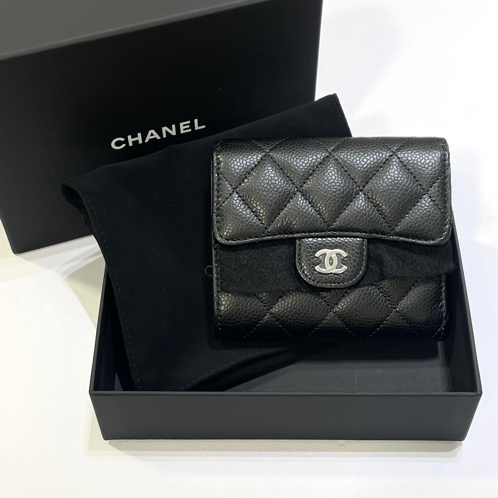 全新CHANEL短銀包 AP0231 三摺款黑色荔枝皮銀扣, #晶片款 #BRAND NEW #香榭站正品