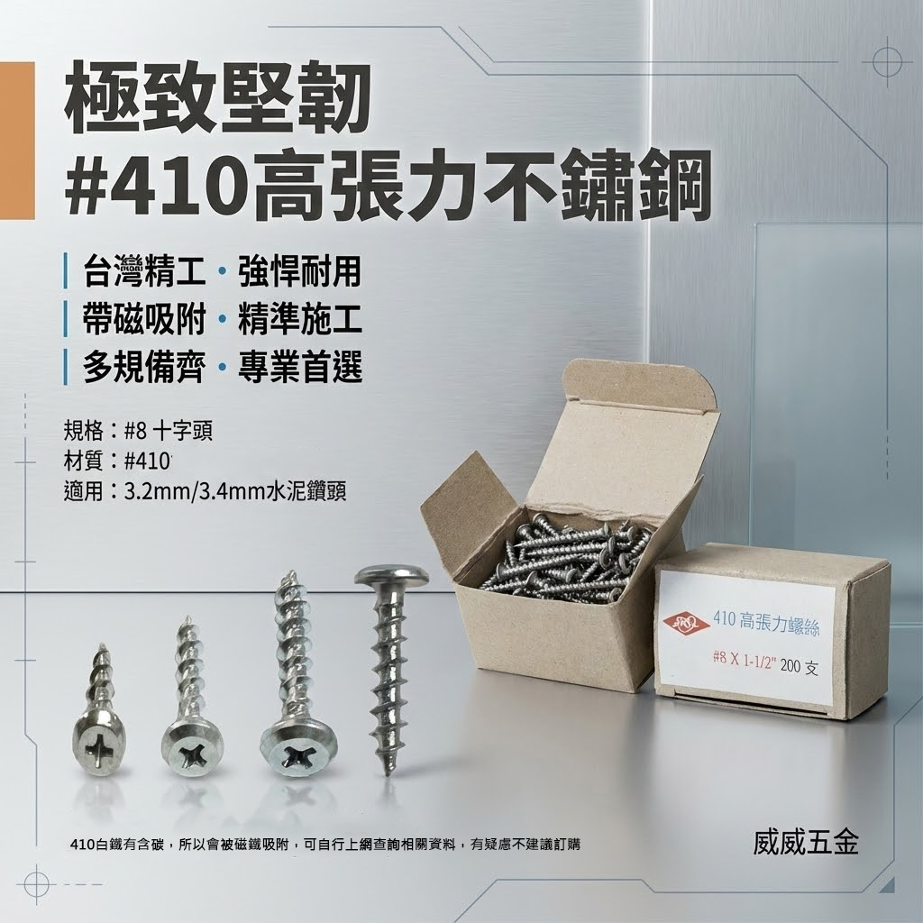 #410 不鏽鋼-白鐵｜#8 高張力鐵板牙螺絲 水泥尖尾螺絲 十字水泥自攻螺絲 岡山頭 高張力螺絲｜需選規格 整盒