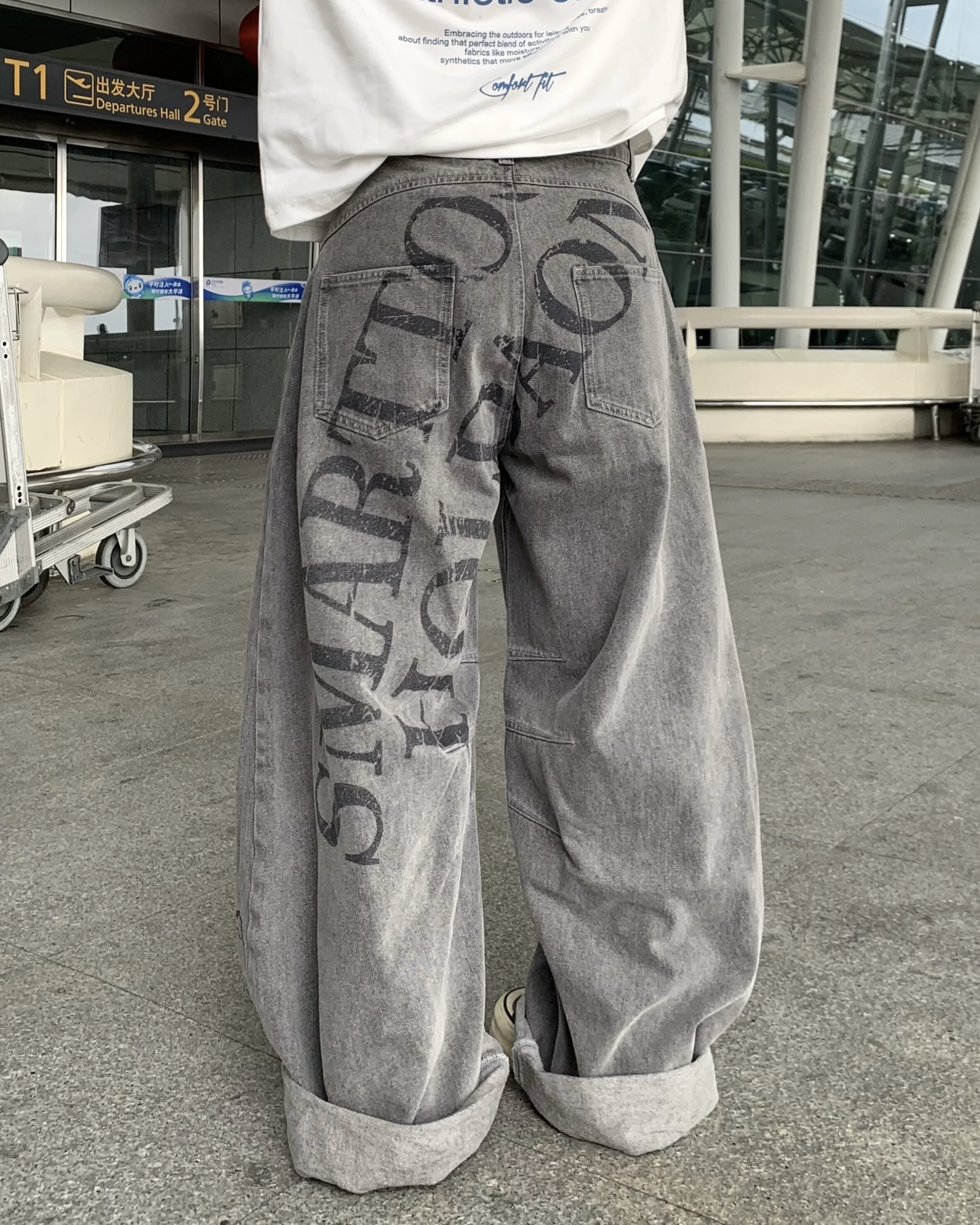 美式 塗鴉 造型 廓形 男女 牛仔 長褲