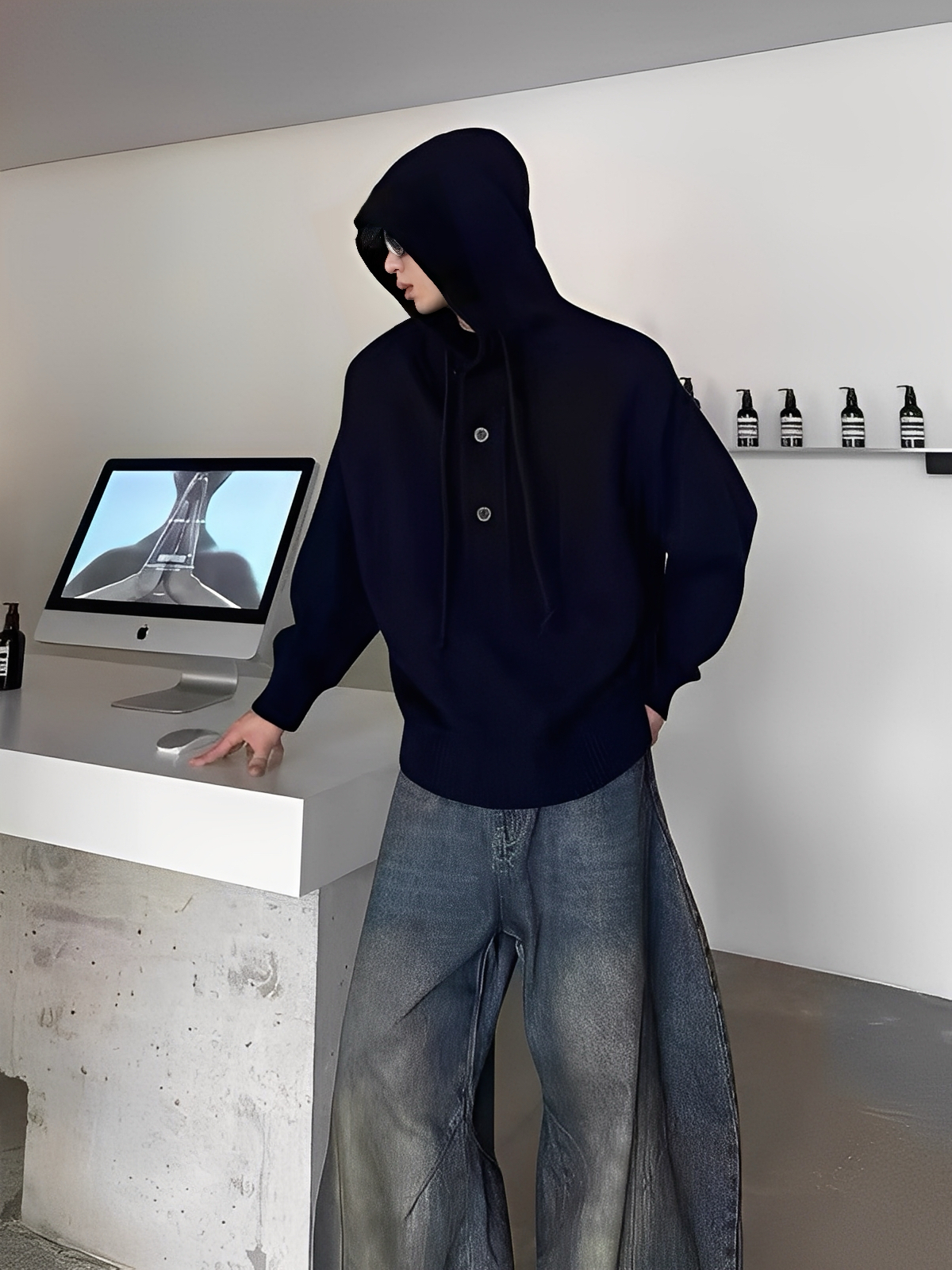 2色 日系 慵懶 排扣 亨利 針織 連帽 長袖 帽T