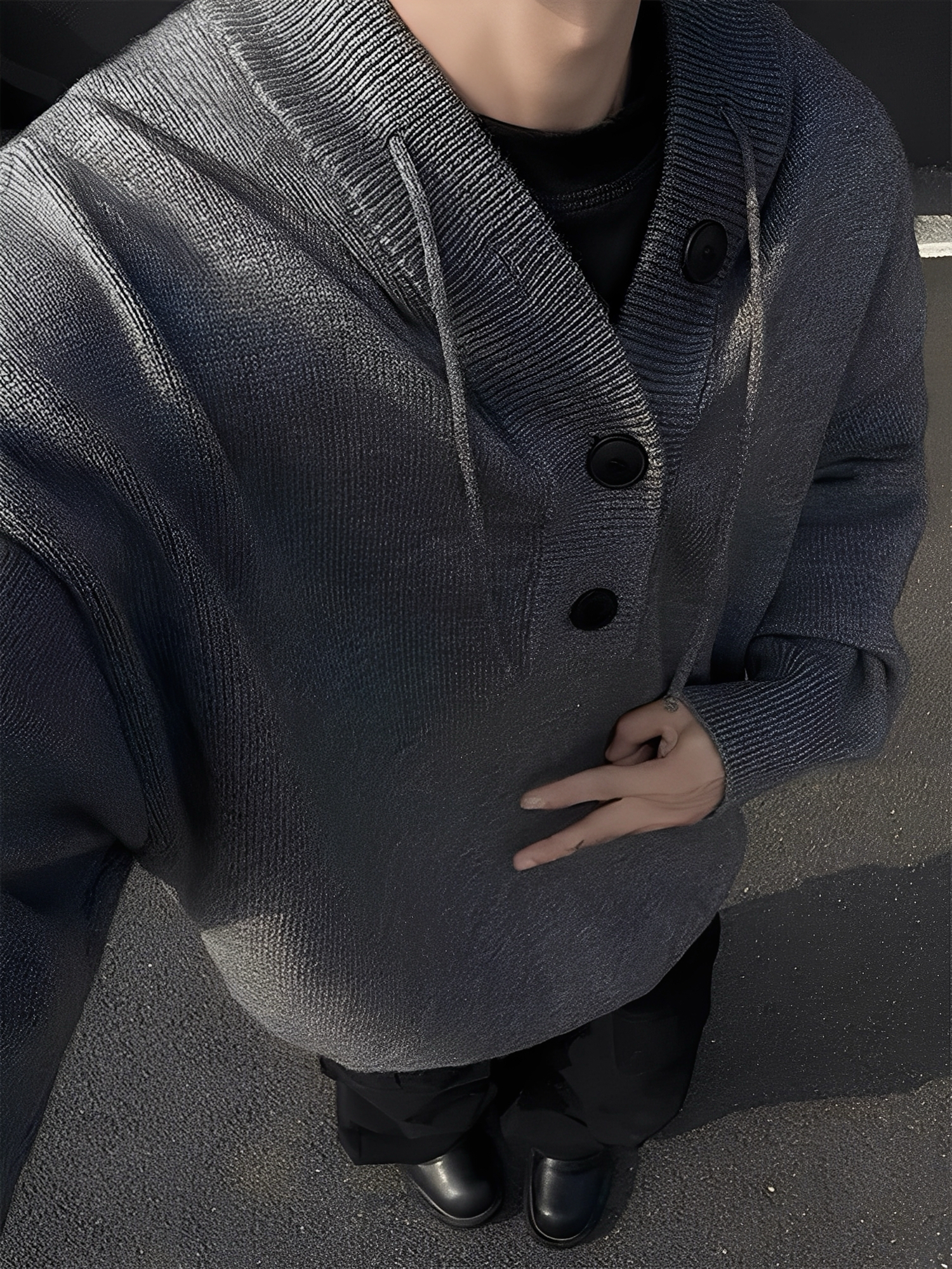 2色 日系 慵懶 排扣 亨利 針織 連帽 長袖 帽T