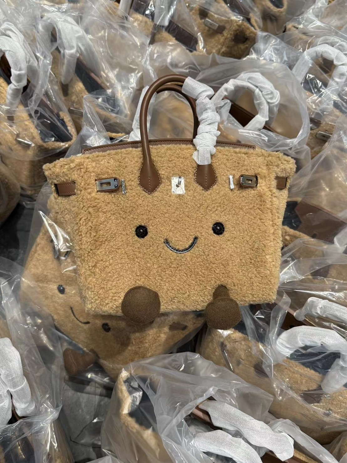 【Luxury】CTAND JIM Birkin 品牌限量獨家販售 關穎同款 超可愛 牛皮 鉑金街頭翻玩包 泰迪咖  絨毛手提肩背包 2WAY JELLYCAT萌臉造型