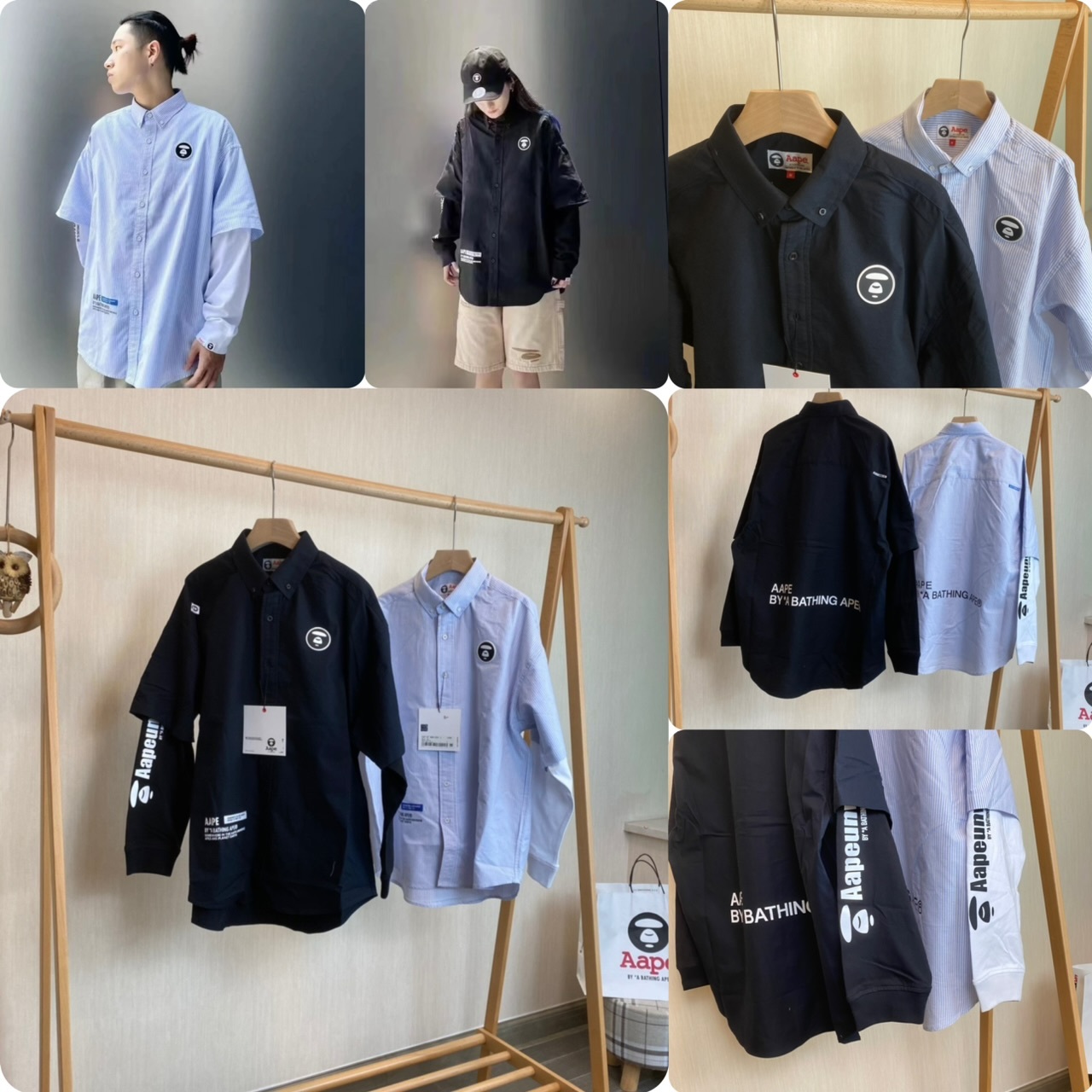 Aap*e 猿人男女同款假兩件長袖恤衫- 2502742