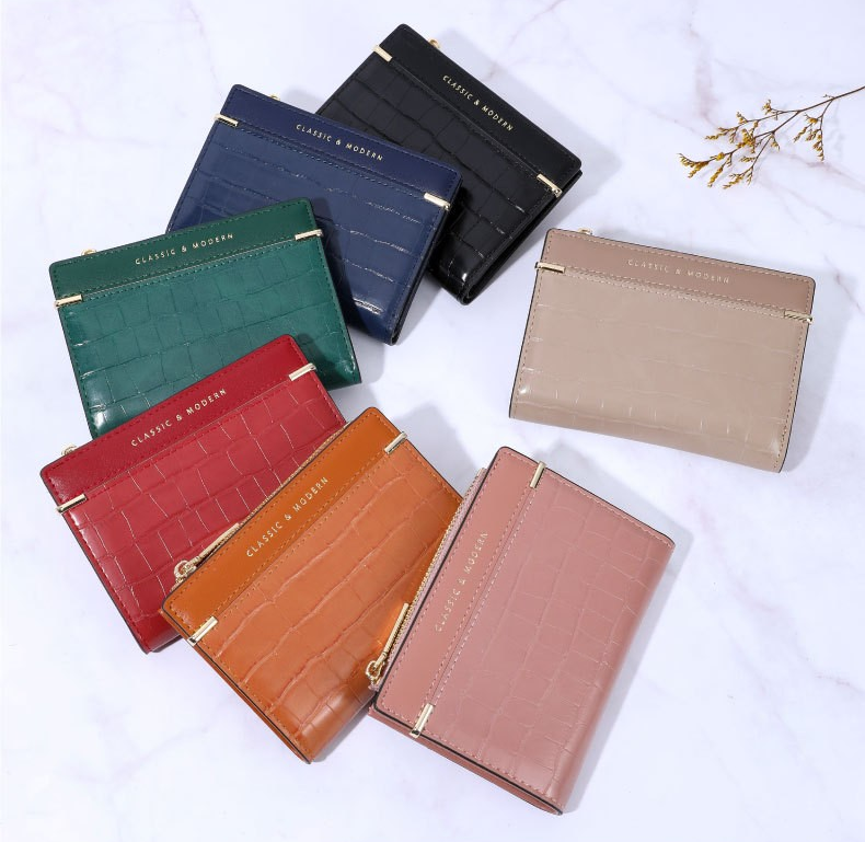 Short Crocodile-Embossed Bi-Fold Wallet with Snap Closure