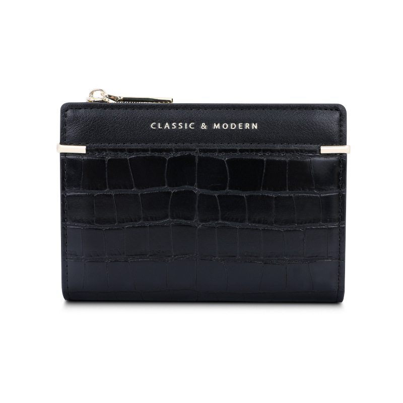 Short Crocodile-Embossed Bi-Fold Wallet with Snap Closure