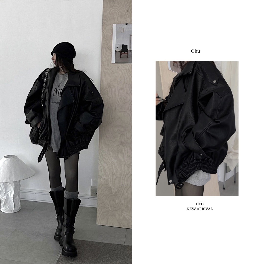 【 𝐂𝐇𝐔-𝐌𝐀𝐃𝐄 】高定款 荔枝壓紋磁吸皮衣 oversize男友版型