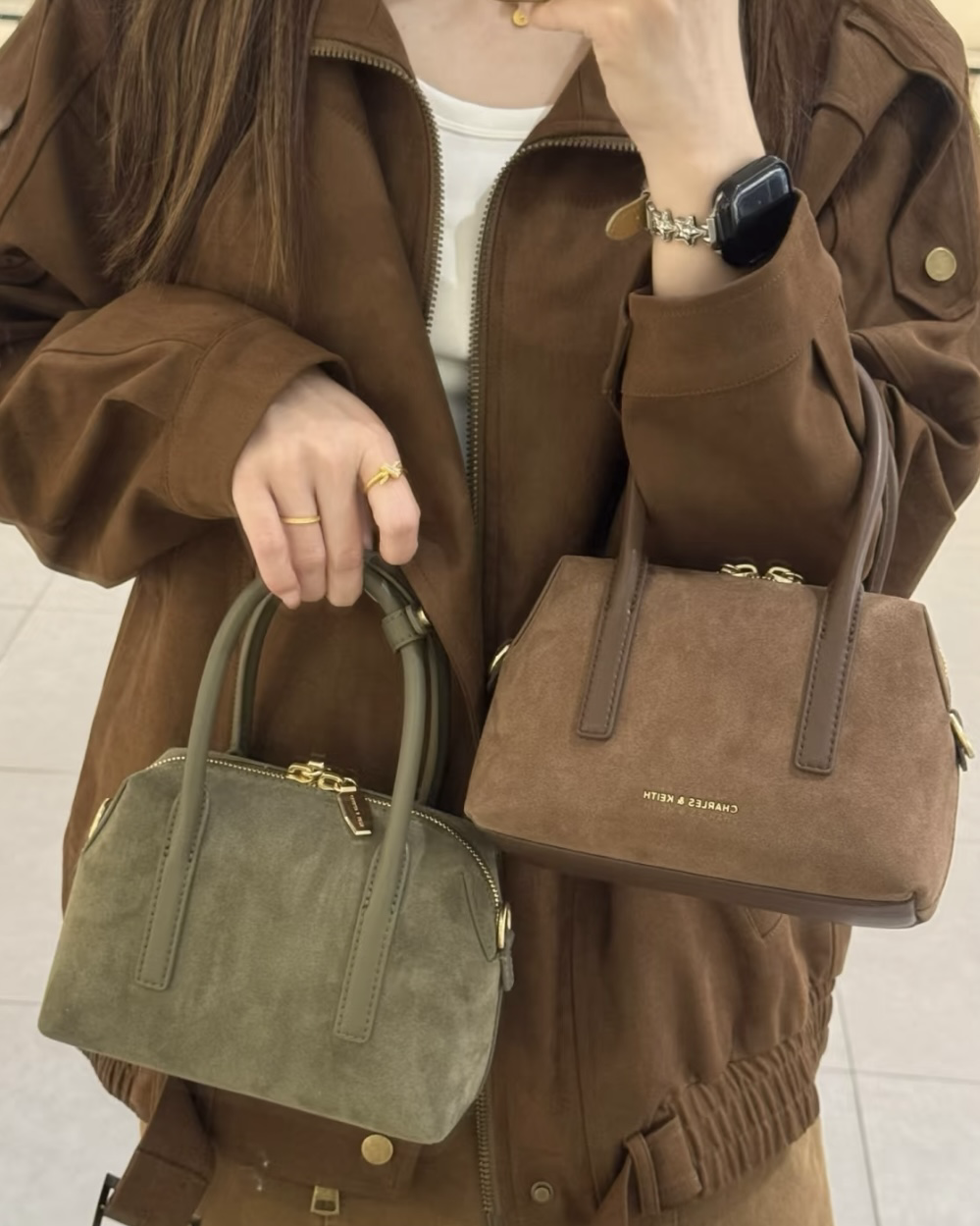 CHARLES & KEITH 小CK 麂皮 保齡球包 手提包 肩背包 波士頓包 摩卡棕 深橄欖綠