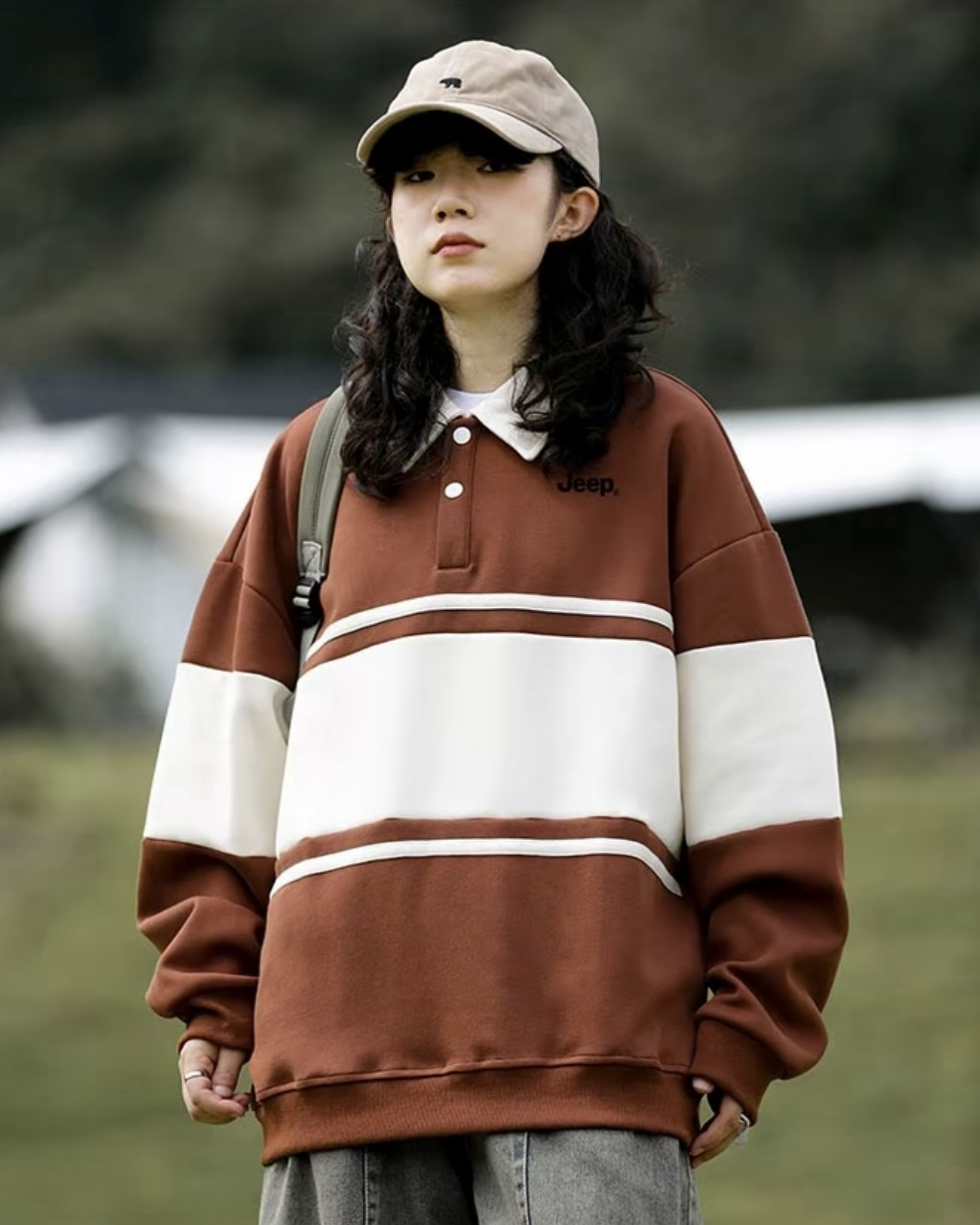 JEEP 跳色 條紋 翻領 長袖 衛衣 落肩 加絨 共4色