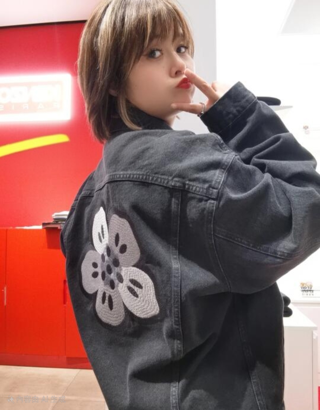 KENZO 海棠花系列 黑灰色牛仔外套