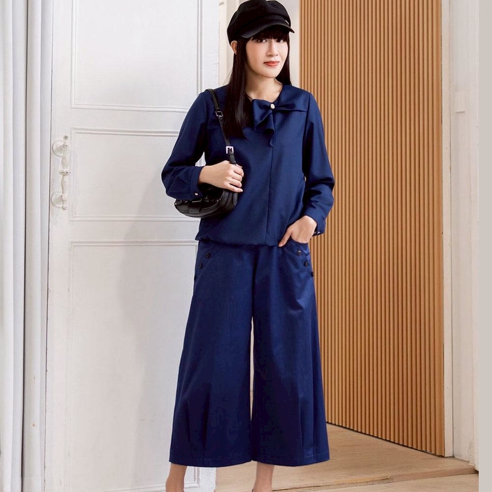 韓版時尚個性剪裁釦子造型闊腿修身八分寬褲X6211