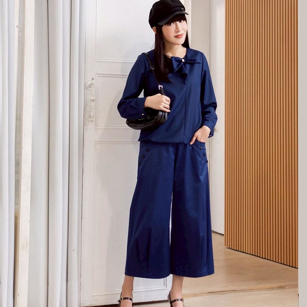 韓版時尚個性剪裁釦子造型闊腿修身八分寬褲X6211