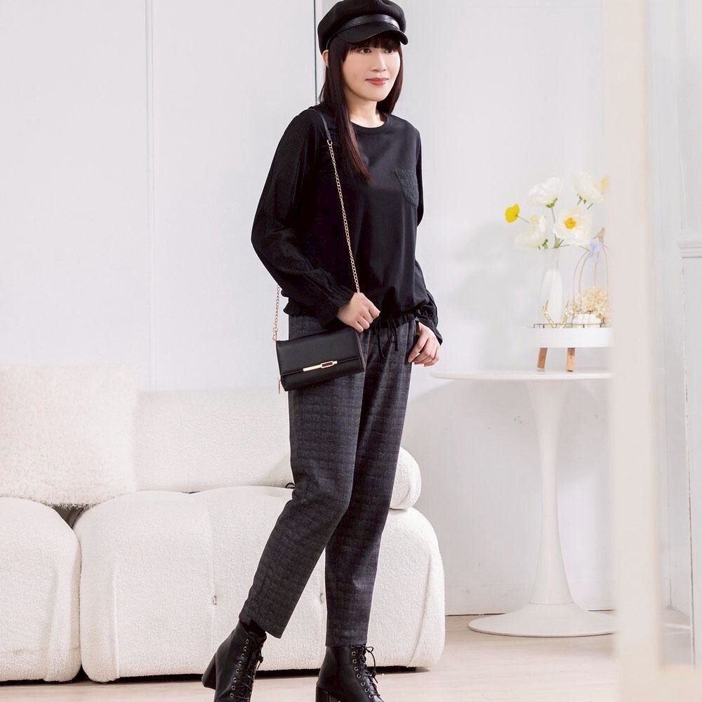 OL韓版時尚中性色格紋褲口前短後長修身九分褲X6171