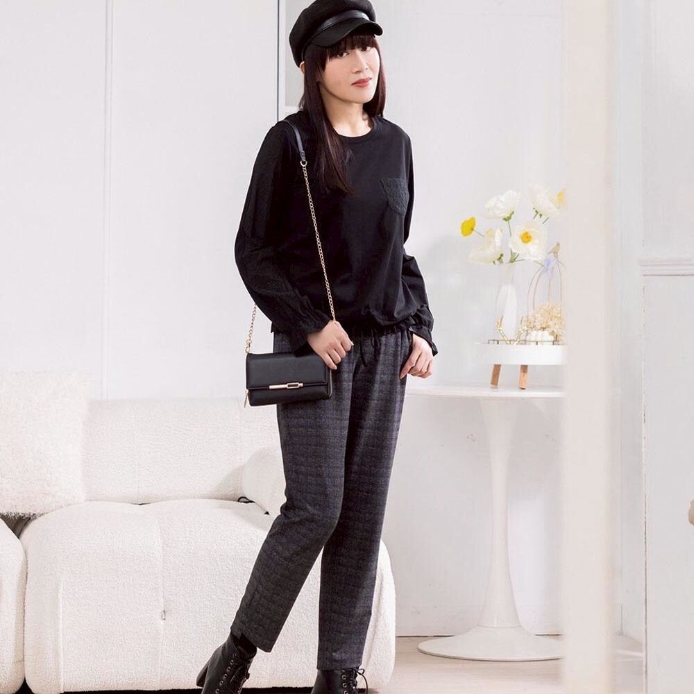 OL韓版時尚中性色格紋褲口前短後長修身九分褲X6171