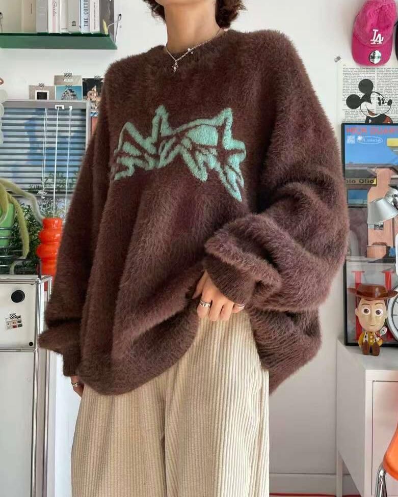 圓領圖案毛毛針織衫 T5322