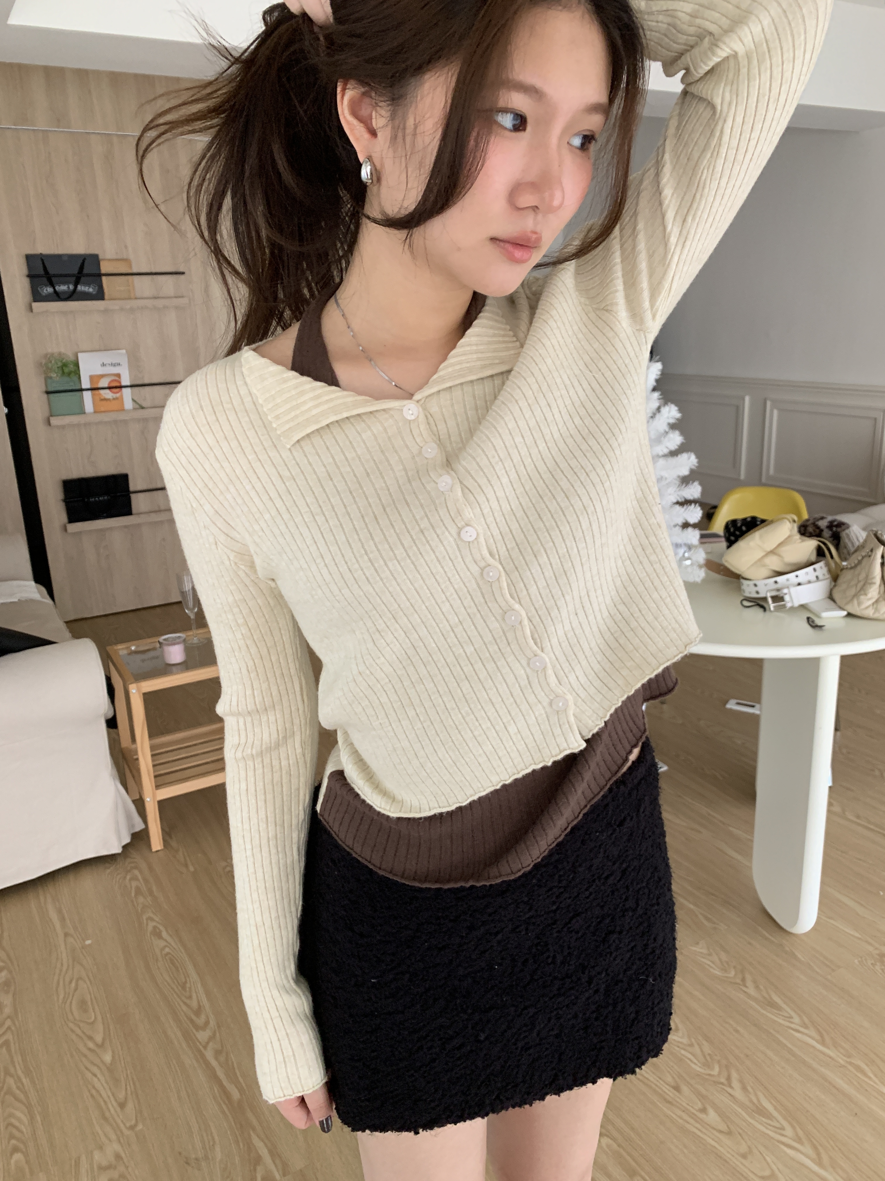 R108/清冷感 假2件掛脖上衣