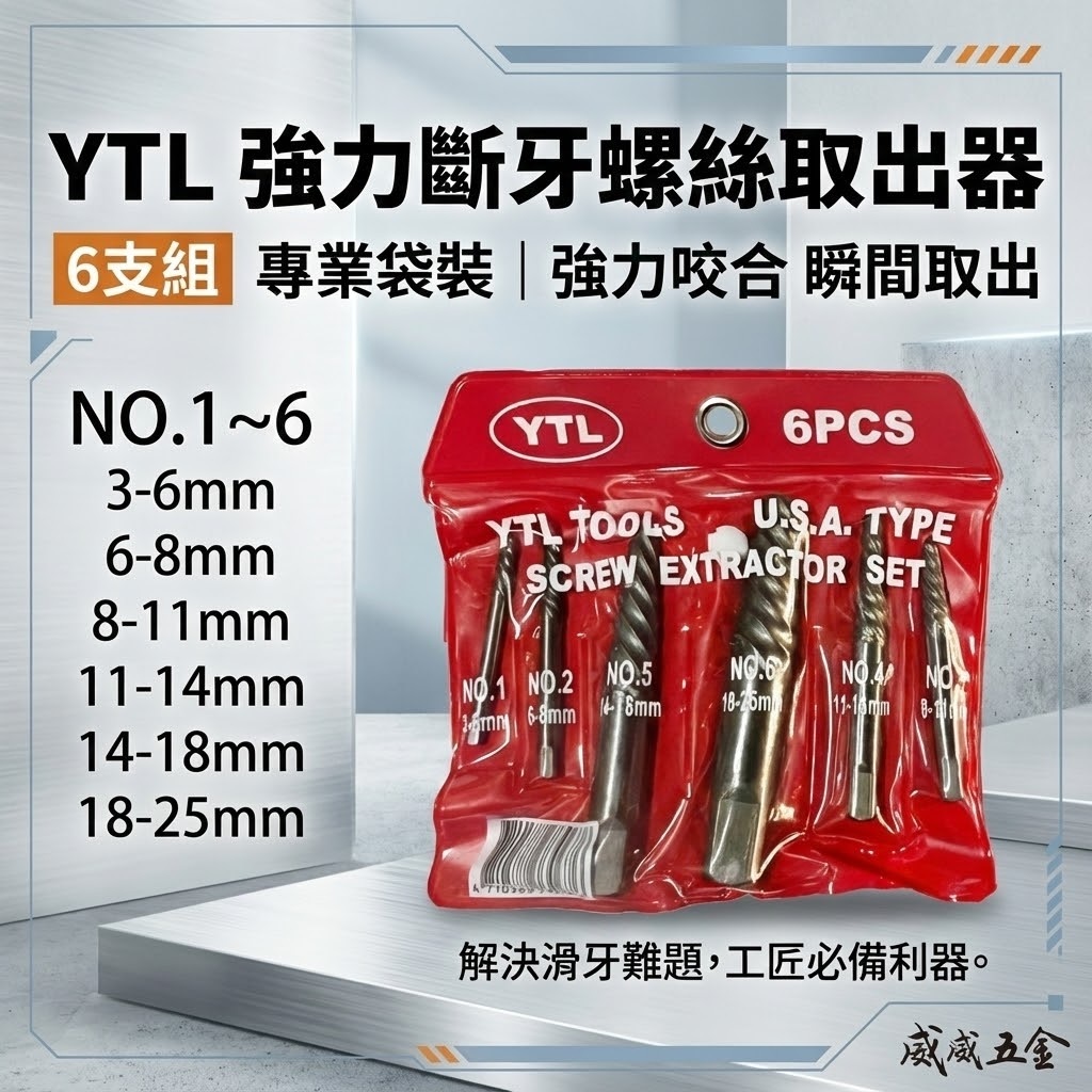 YTL 台灣製｜強力斷牙螺絲取出器 倒牙螺絲攻 倒牙器 螺絲拔取器 反牙絲攻 退牙器6支組｜袋裝版 6PCS