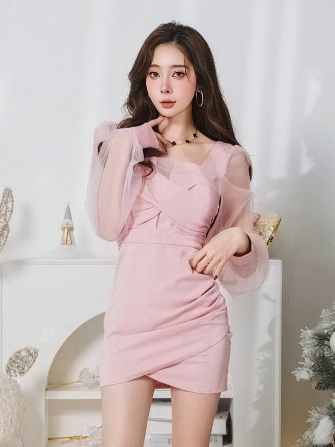 獨家訂製🤍方領拼接網紗包臀洋裝（粉紅色S/M）