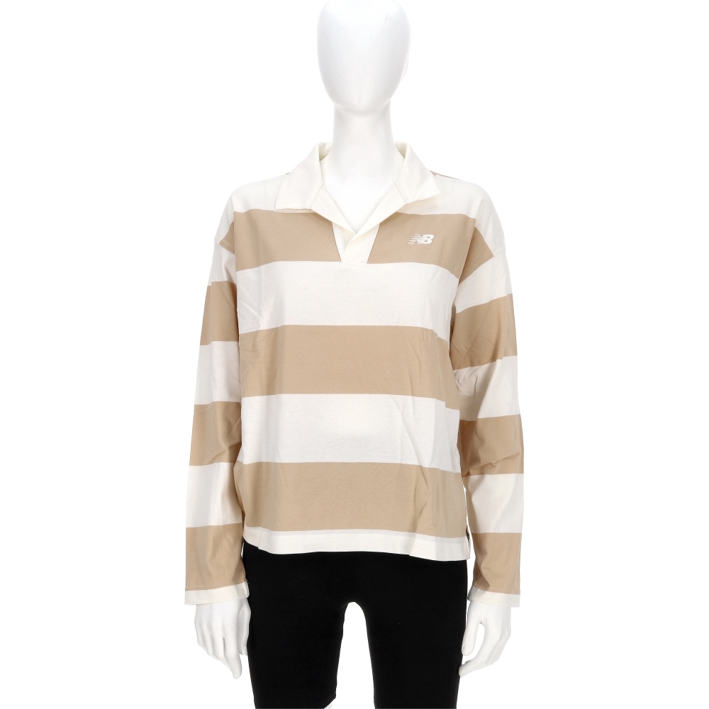 New Balance 女款 卡其杏色 美規 V領 寬鬆 條紋 運動 休閒 長袖 WT53522DLA