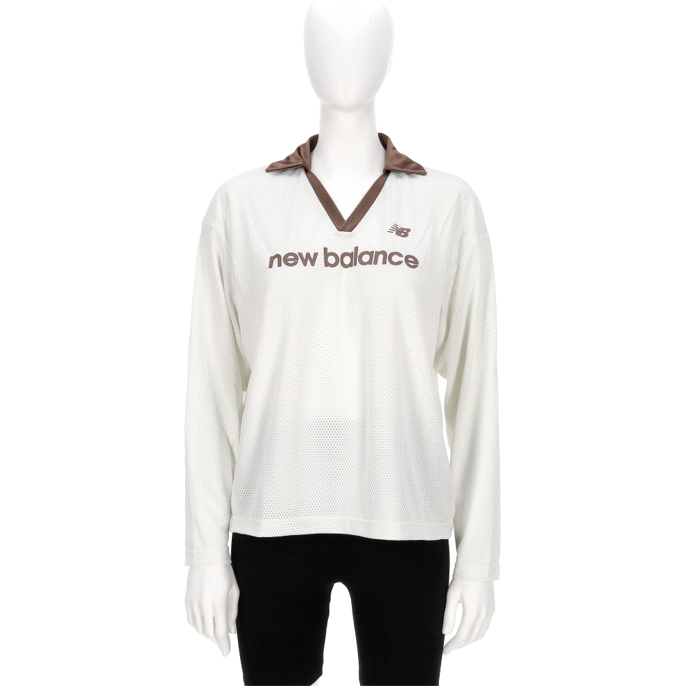 New Balance 女款 白色 V領 寬鬆 網眼 球衣 運動 休閒 長袖 WT53530SST