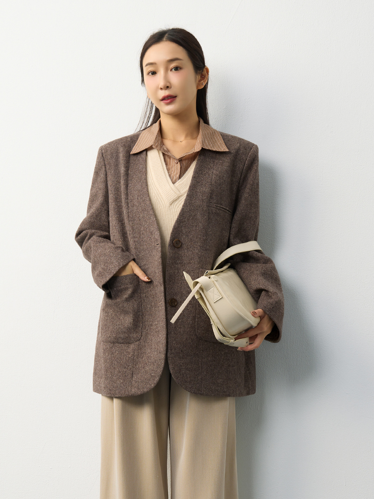 秋季法式V領毛呢外套（50%羊毛）