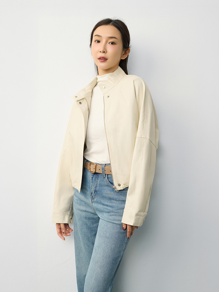 立領薄款縮腰皮外套