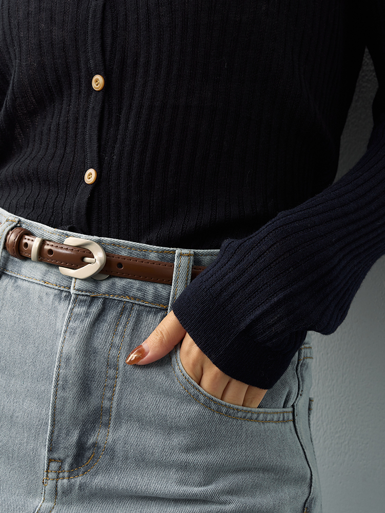 亮銀氣質真皮細款皮帶17238