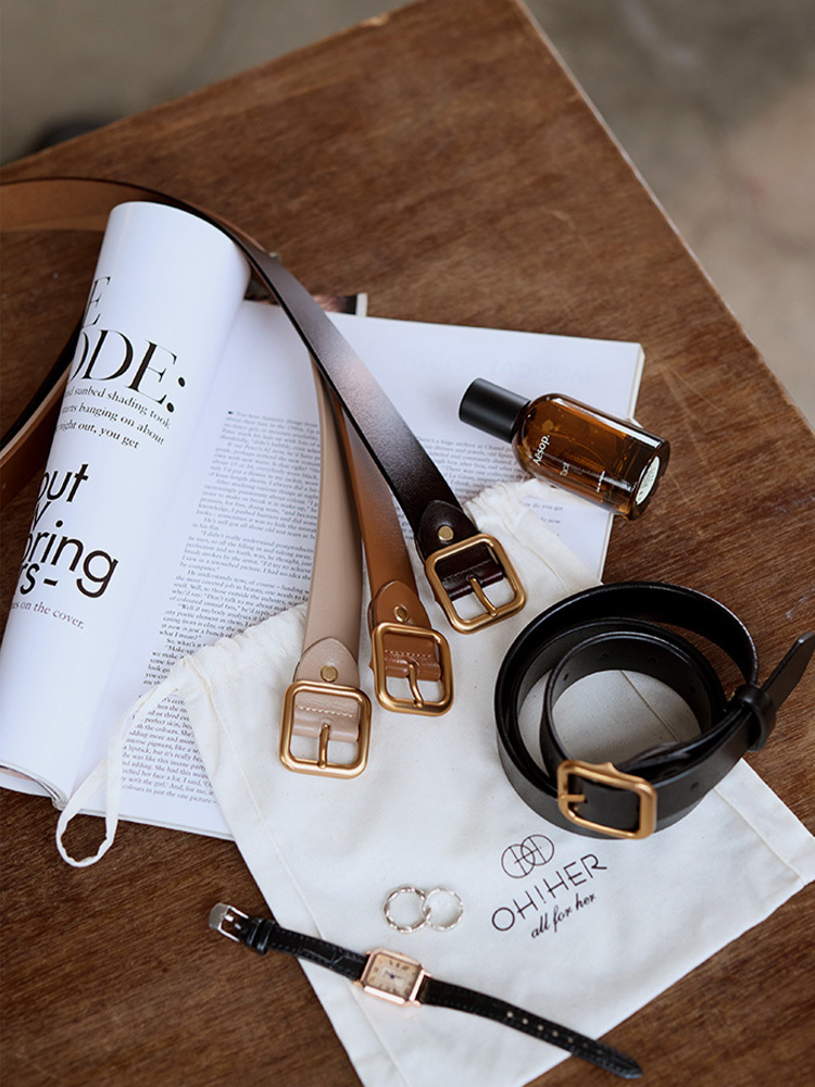 霧金方頭真皮皮帶30082